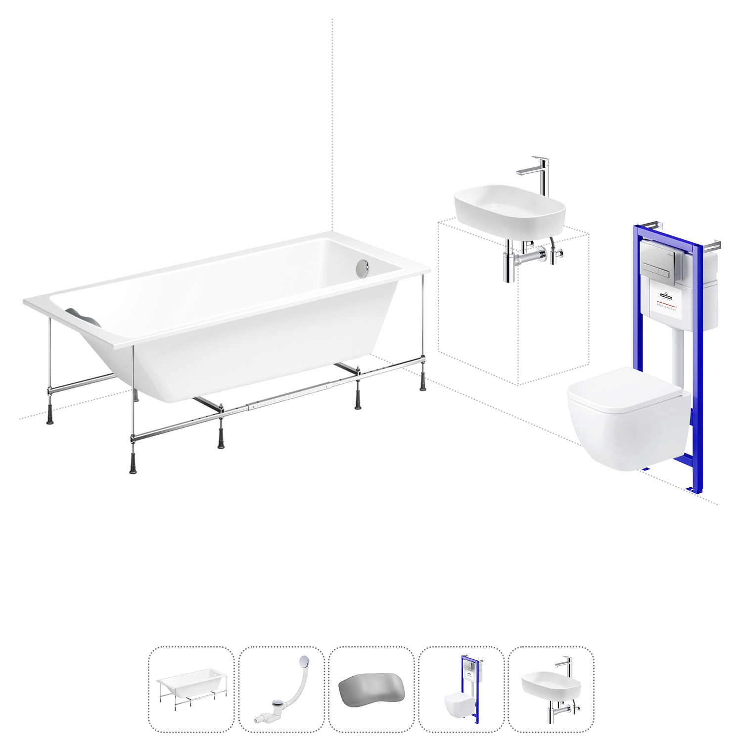 Изображение товара Ванна Lavinia Boho Element 20221246R 170x80 см акриловая с подвесным унитазом, инсталляцией и раковиной в комплекте