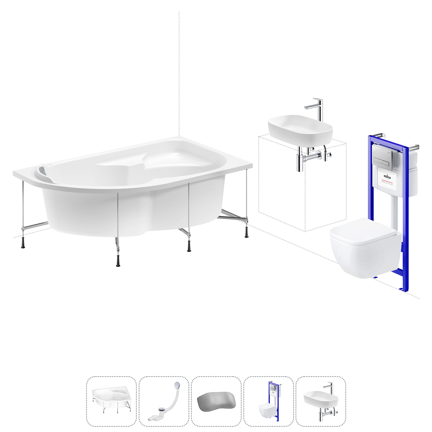 Изображение товара Ванна угловая Lavinia Boho Bell Pro 20221366R левая 150x100 см акриловая с подвесным унитазом, инсталляцией и раковиной в комплекте