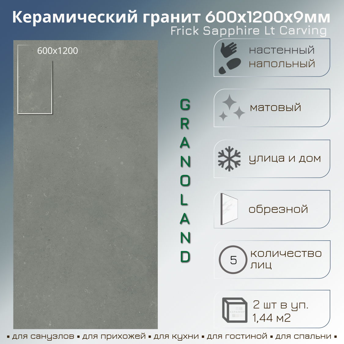 Изображение товара Керамогранит Granoland FRICKSAPPHIRE120 60x120см зеленый светлый, современный эффект бетон