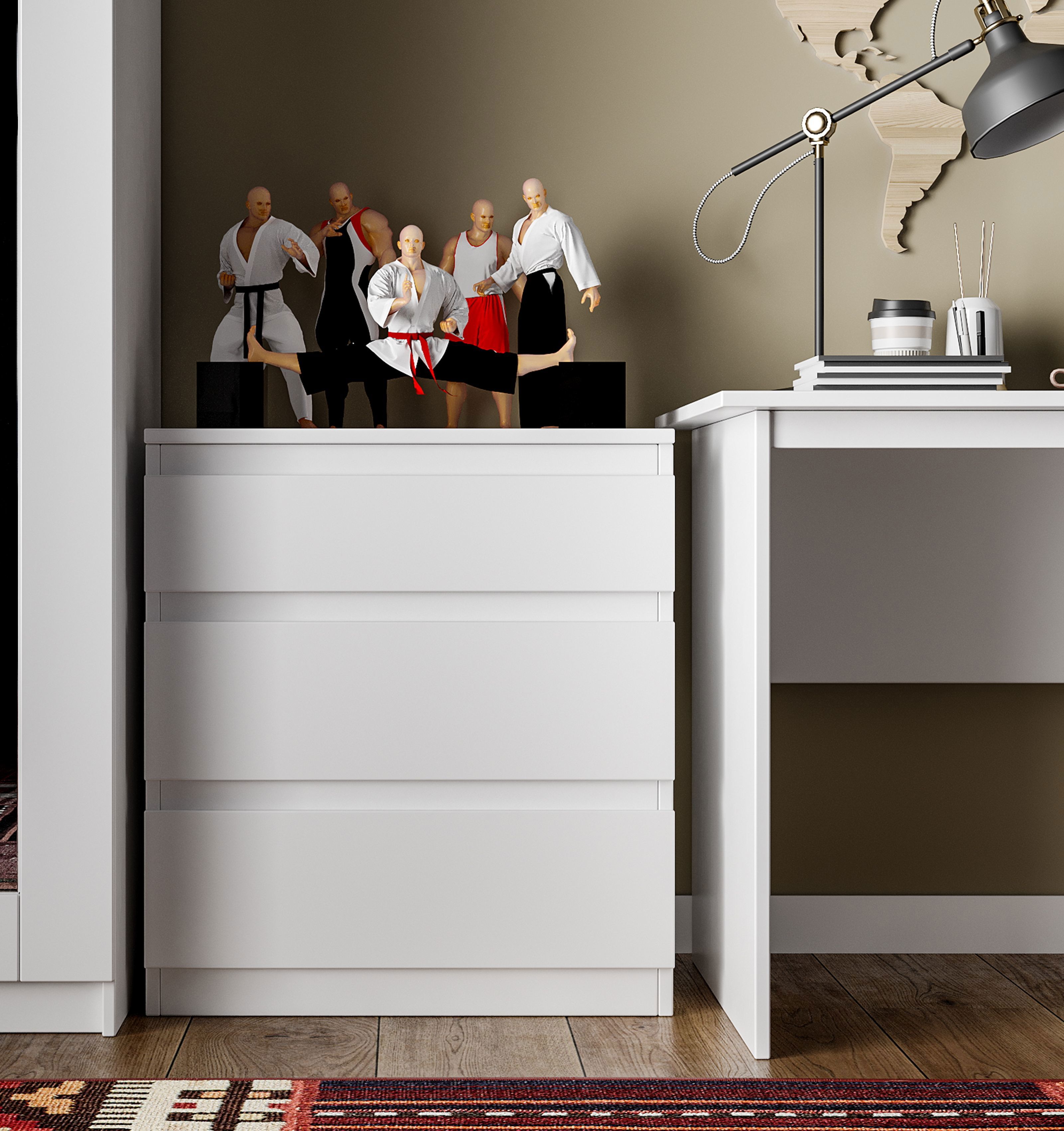 Изображение товара Комод Праксис 3 ящика белый для спальни и гостиной