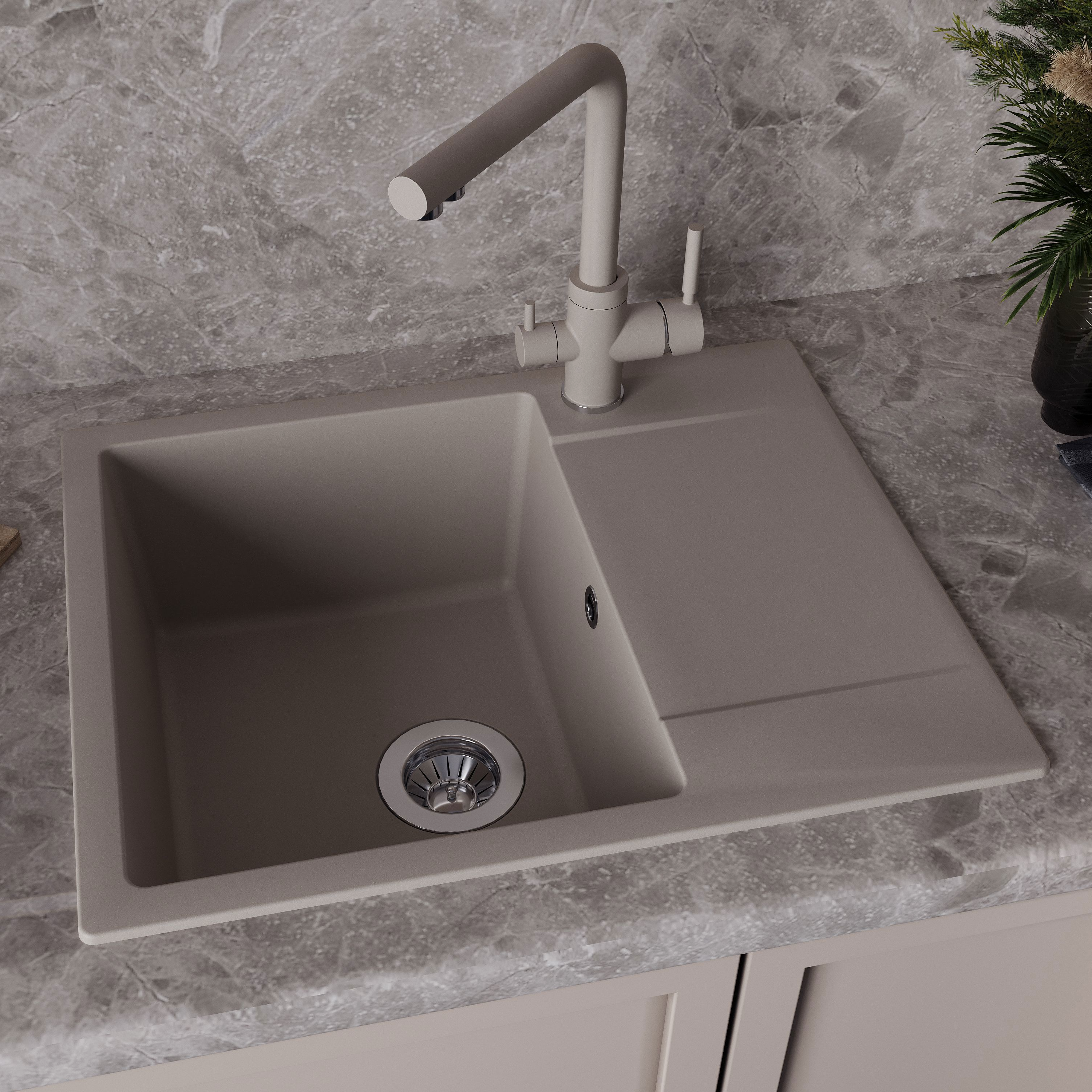 Изображение товара Мойка для кухни врезная кварцевая DELINIA 60x48 см с крылом и гарантией 10 лет