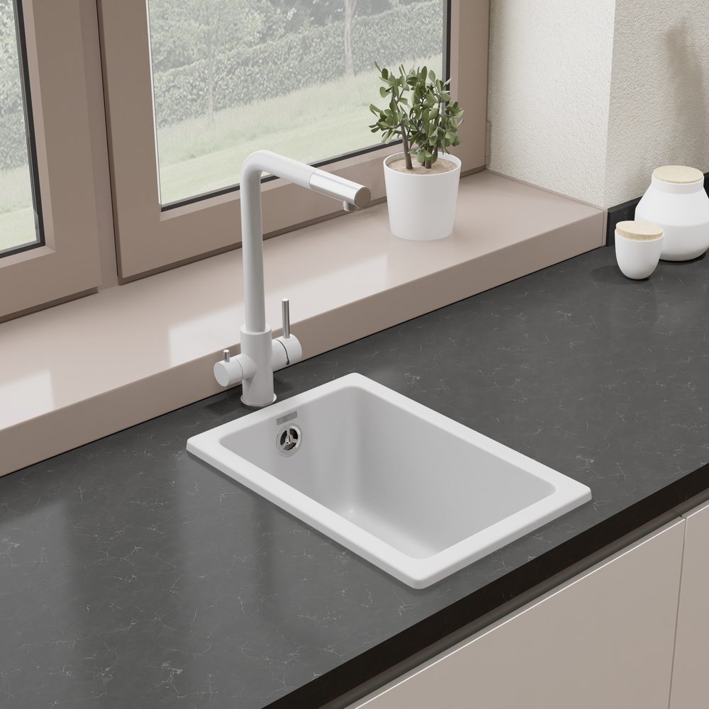 Изображение товара Мойка для кухни врезная Delinia 31x46 см глубина чаши 19 см кварц цвет белый