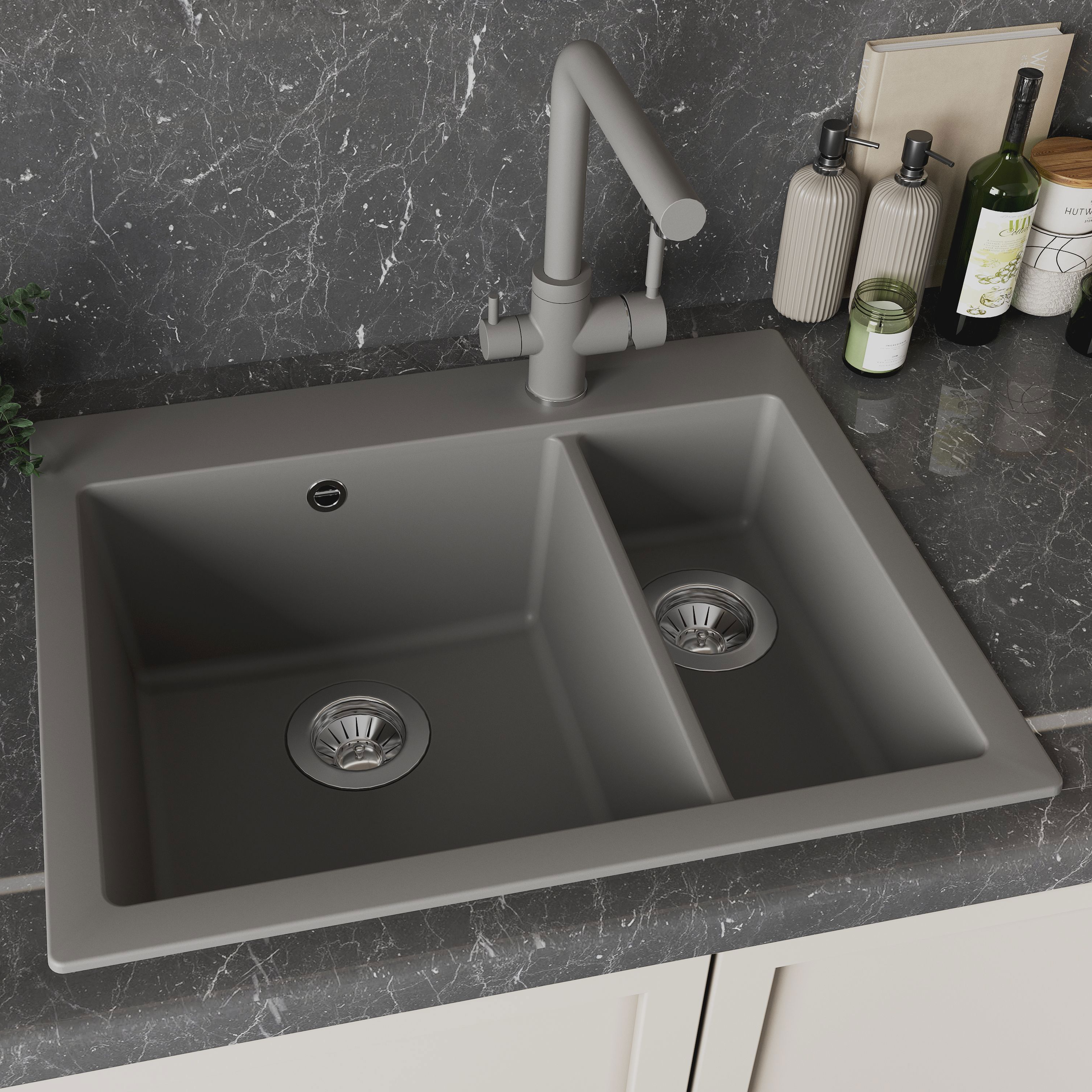 Изображение товара Мойка кварцевая врезная 2 чаши 62x51 см серый шелк Delinia