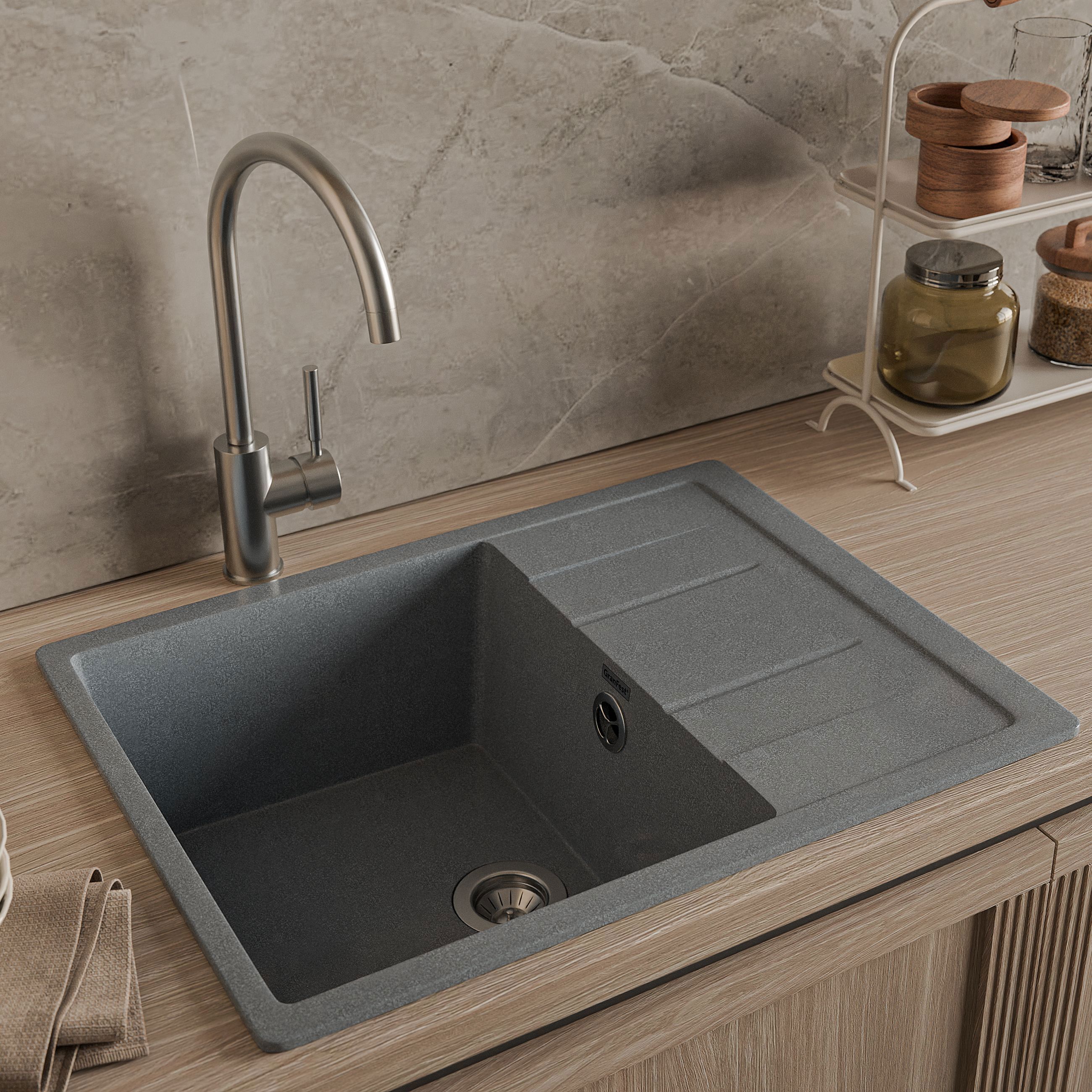 Изображение товара Мойка для кухни врезная с крылом Granfest Quadro GF-Q-650L 65x50 см глубина чаши 19 см мрамор цвет маренго