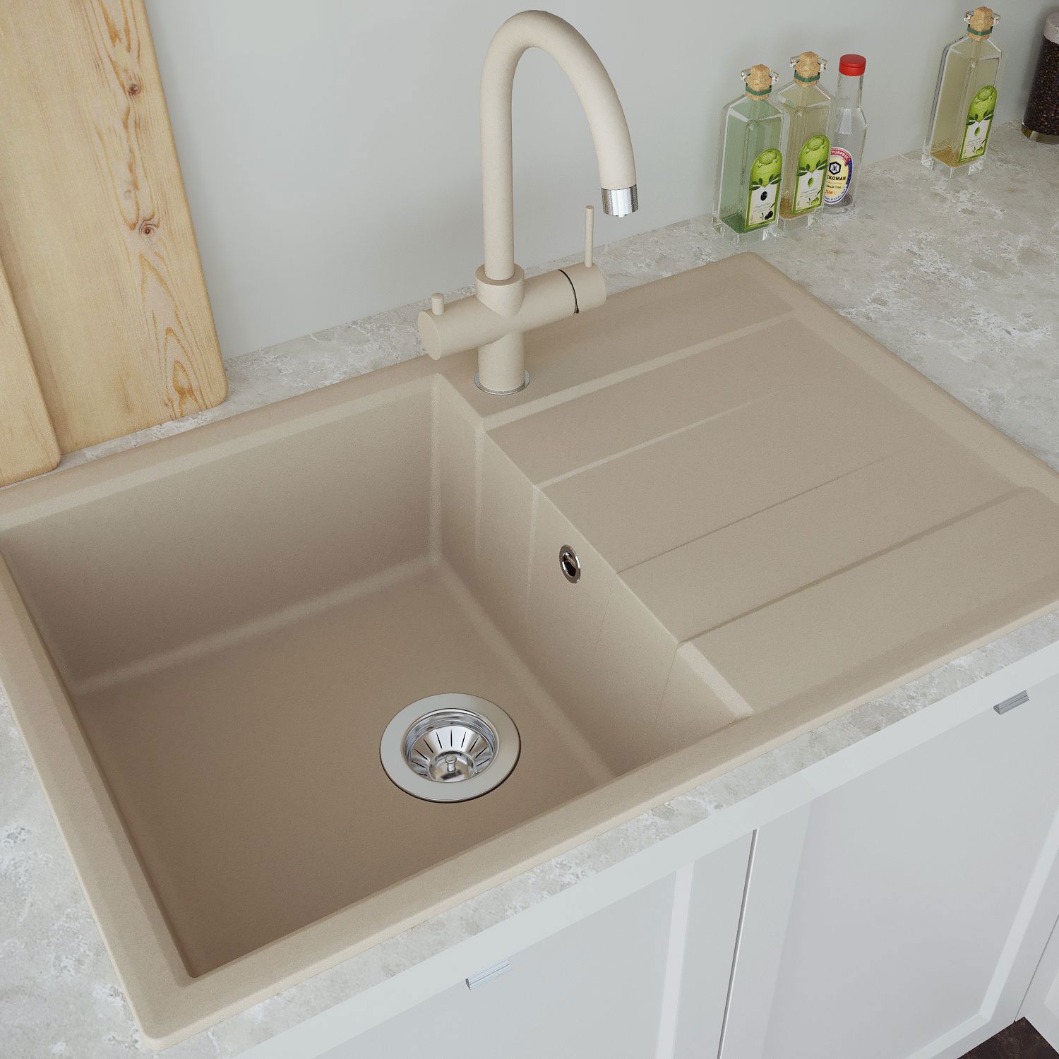 Изображение товара Мойка для кухни врезная с крылом DELINIA 78x51 см кварц цвет песочный