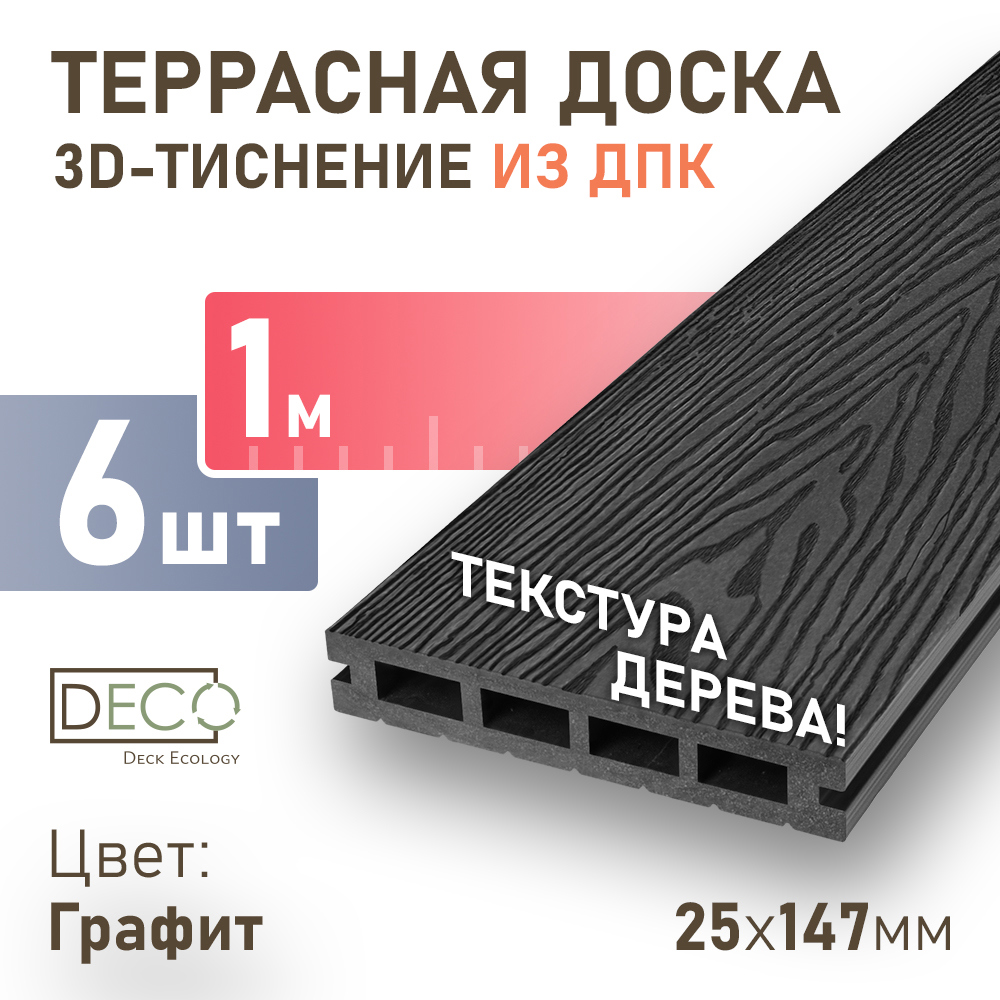Изображение товара Террасная доска ДПК Deck ecology цвет графит 1000x147x25мм двусторонний структура дерева 0.6м2 6шт