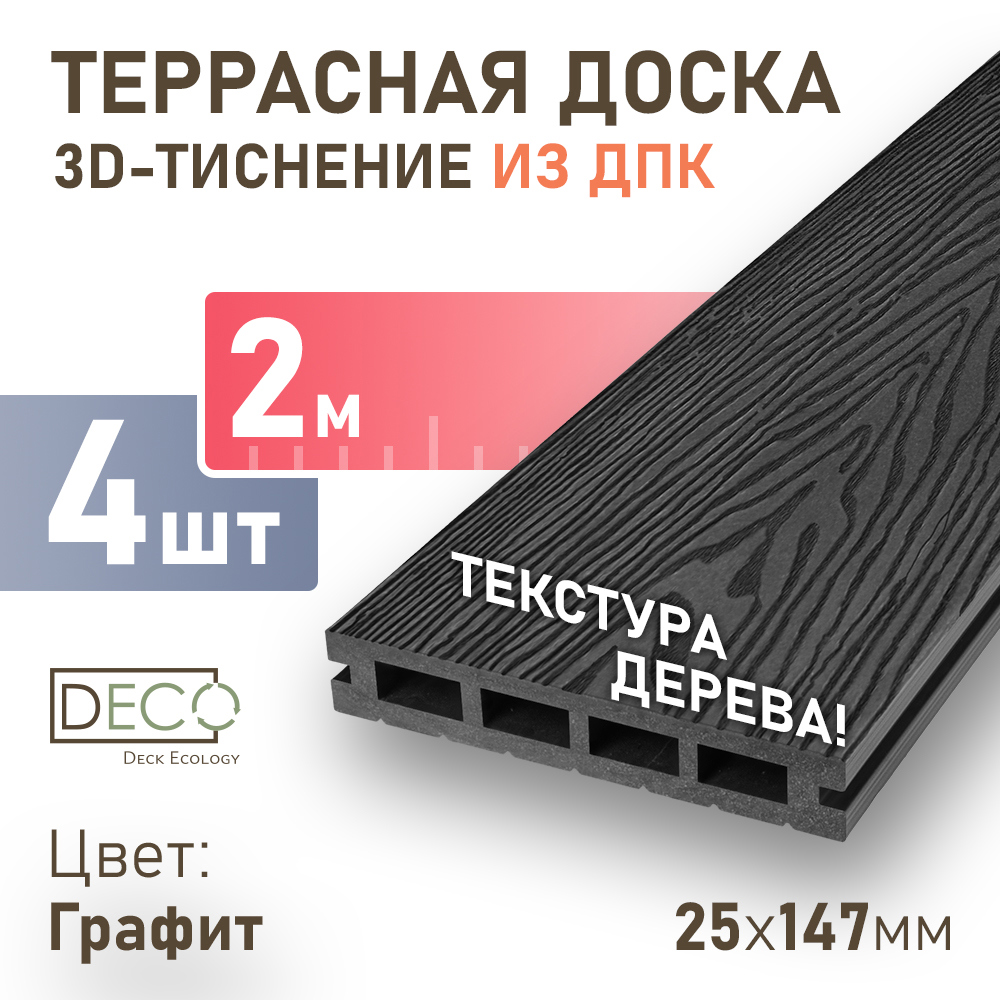 Изображение товара Террасная доска ДПК Deck ecology цвет графит 2000x147x25мм двусторонний структура дерева 0.3м2 4шт Изображение товара Террасная доска ДПК Deck ecology цвет графит 2000x147x25мм двусторонний структура дерева 0.3м2 4шт