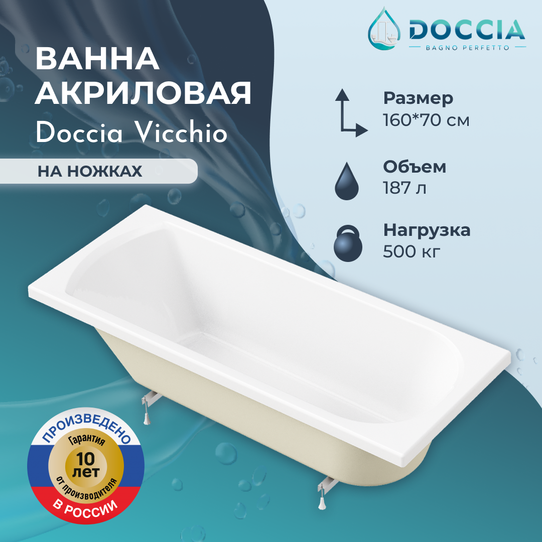 Изображение товара Ванна акриловая Doccia Vicchio 160x70 в комплекте с ножками Изображение товара Ванна акриловая Doccia Vicchio 160x70 в комплекте с ножками