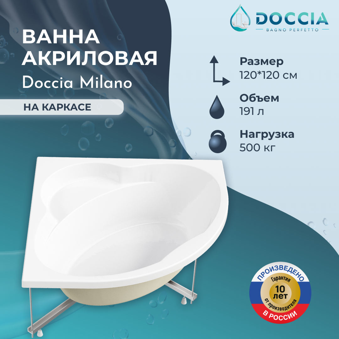 Изображение товара Ванна акриловая Doccia Milano 120x120 в комплекте с каркасом