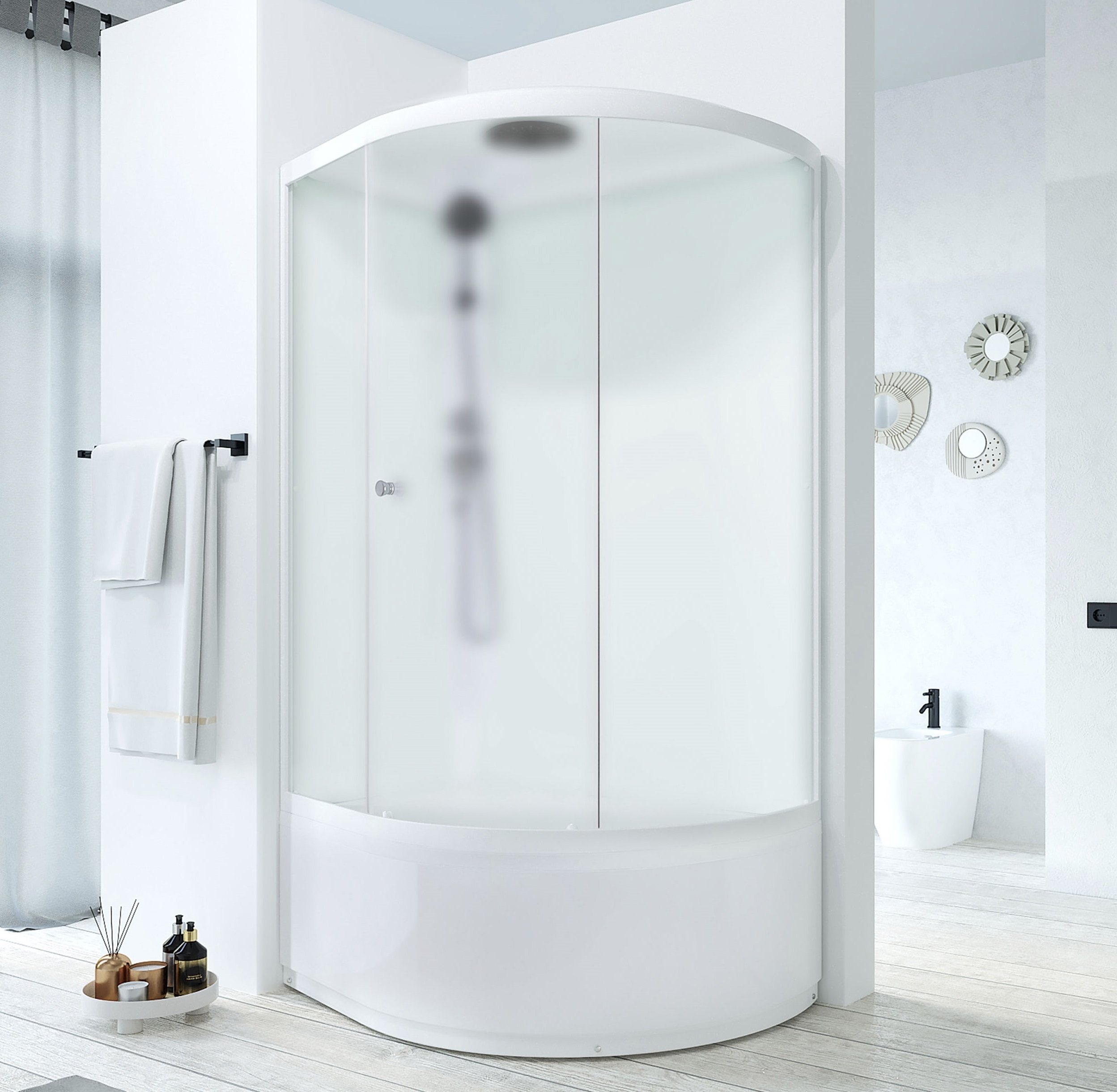 Изображение товара Душевая кабина Domani-Spa Simple 128 high L 120x80x218 высокий поддон, белые стенки, сатин-матированное стекло