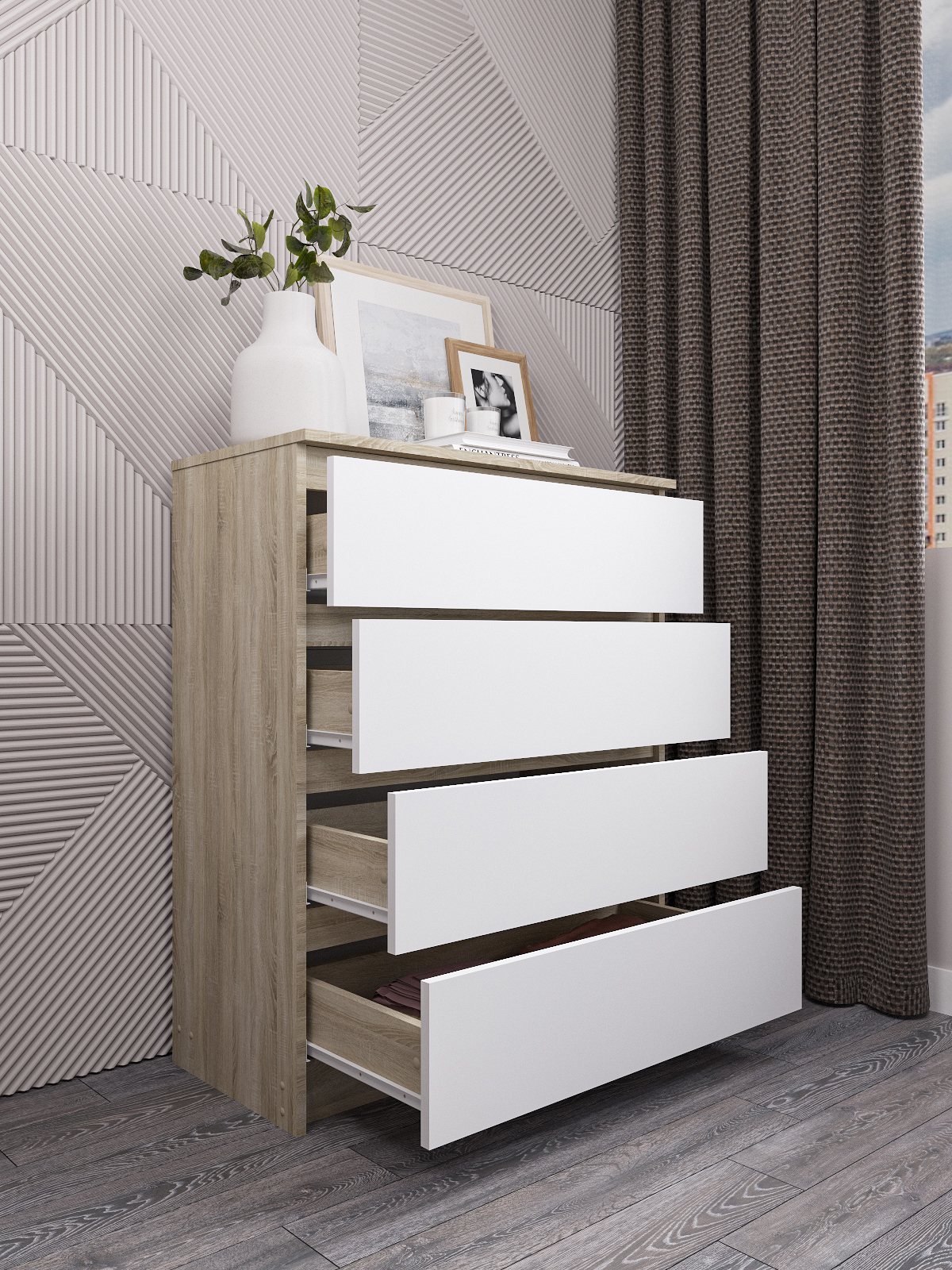 Изображение товара Комод с 4 ящиками ДСВ Мебель Мори 80.4x40.4x99 см белый дуб сонома