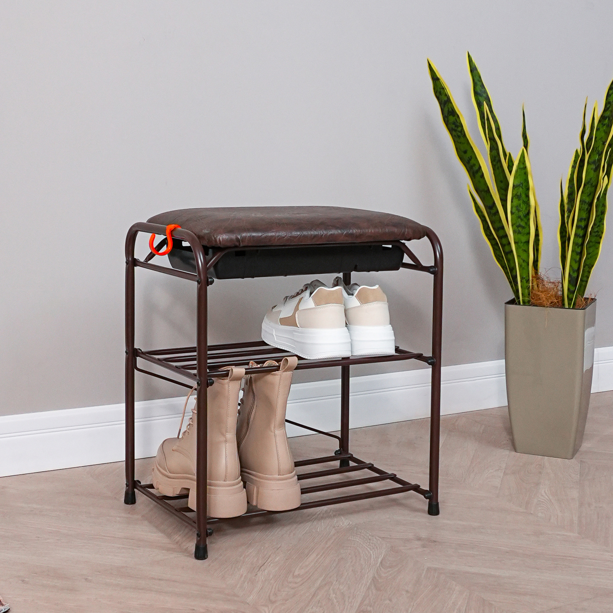 Изображение товара Подставка для обуви Зми 45x48x30 см с сиденьем и ящиком коричневая