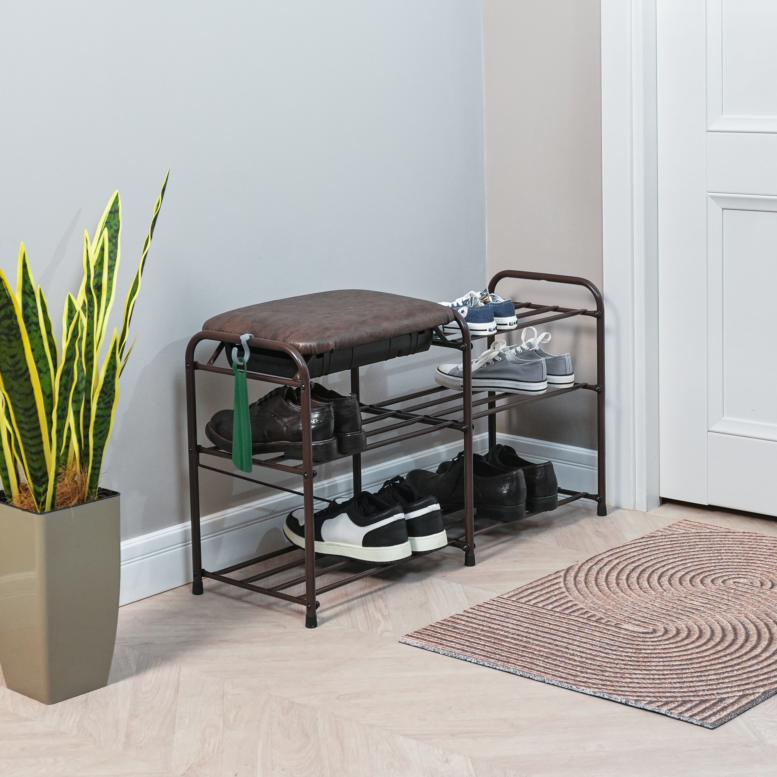 Изображение товара Подставка для обуви Альфа 33СЯ 89x48x30 см металлик коричневый с ящиком и сиденьем