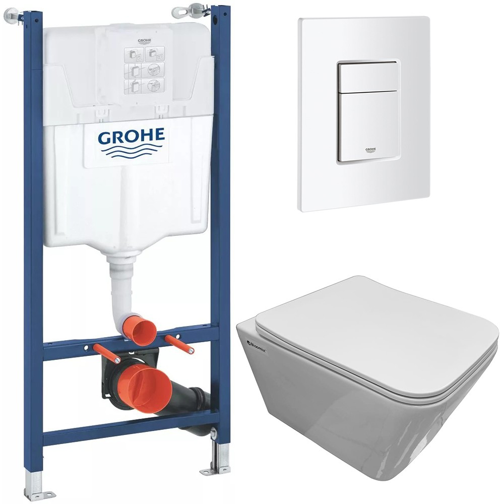 Изображение товара Комплект инсталляции с унитазом Grohe 38971000 унитаз Bloomix Regnum 1202 безободковый с сиденьем кнопка смыва Even 38966SH0 белый глянец