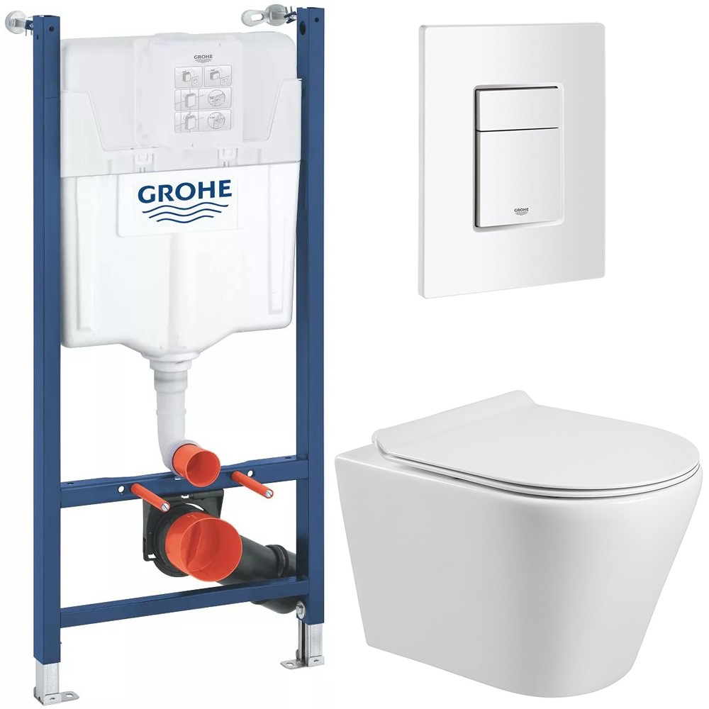 Изображение товара Комплект инсталляции с унитазом Grohe 38971000 унитаз Bloomix Roland MD1201T/UF01 безободковый торнадо с сиденьем кнопка смыва Even 38966SH0 белый