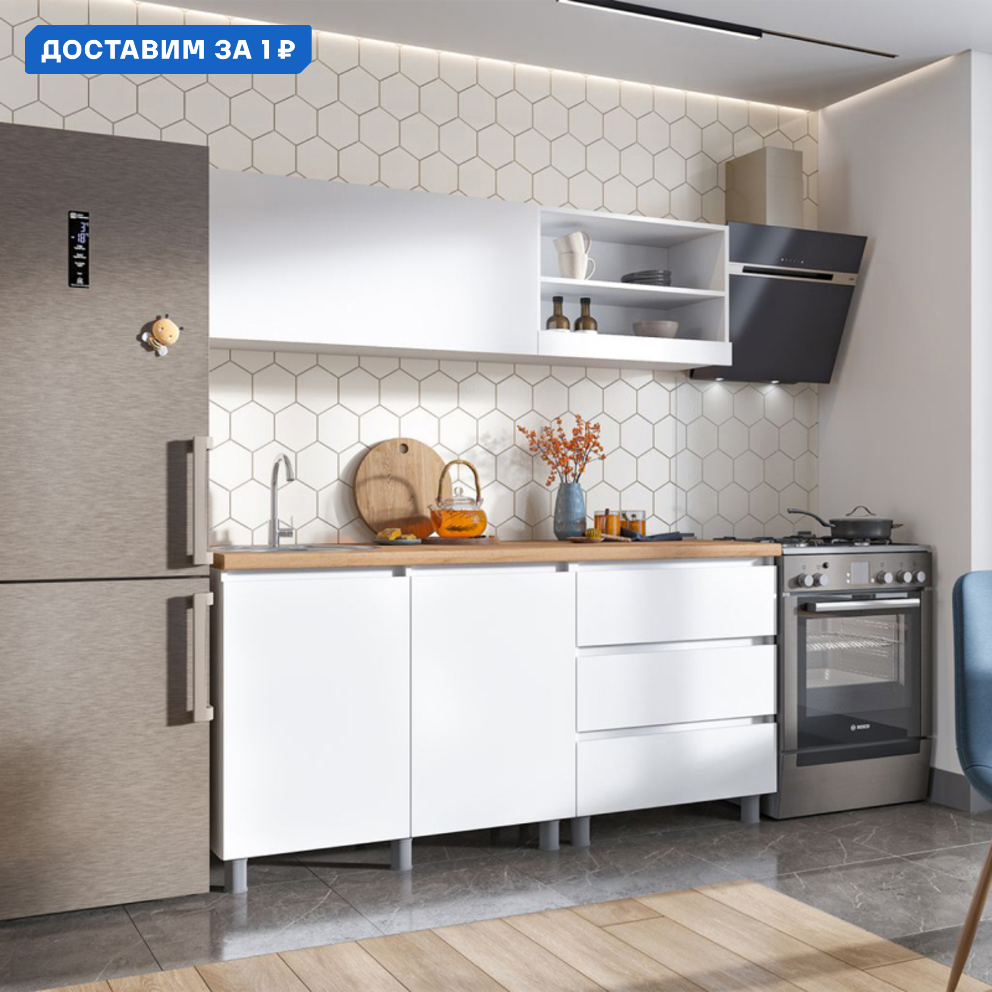 Изображение товара Кухонный гарнитур Нонтон Ирма 170x180x60 см ЛДСП белый с дубом вотан