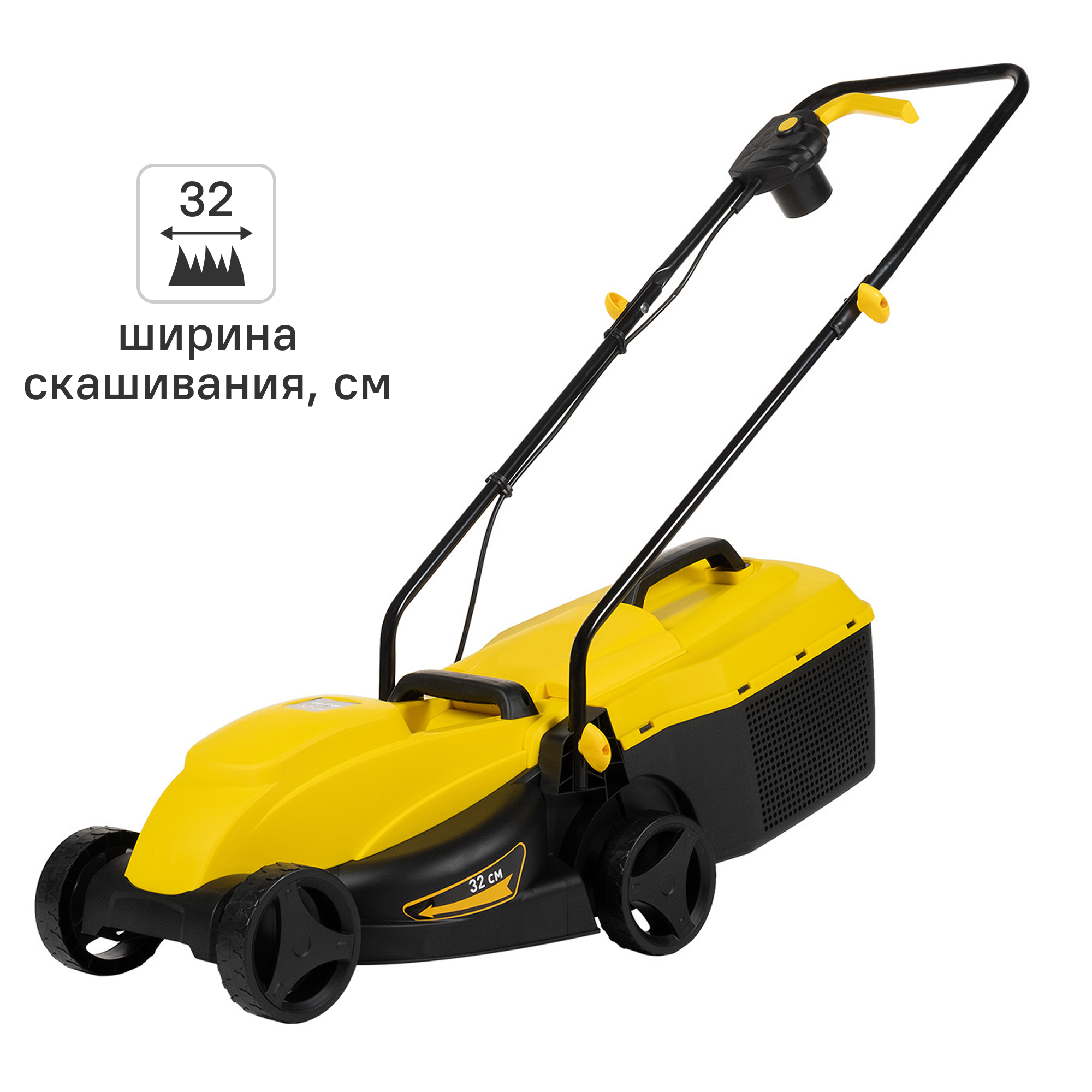 Изображение товара Электрическая газонокосилка GE-1100, 1100 Вт, ширина 32 см, регулировка высоты, 30 л травосборник