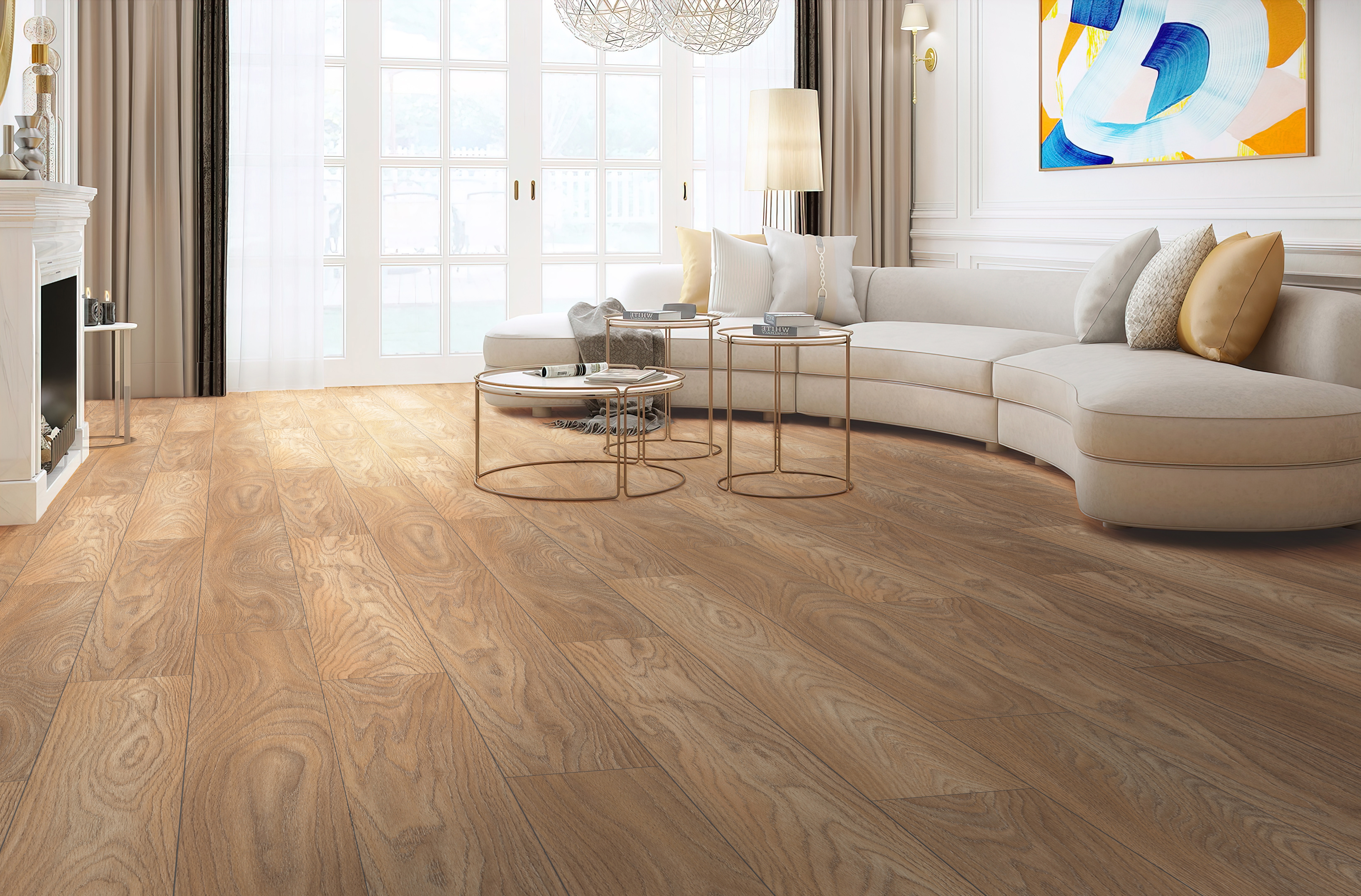 Изображение товара Ламинат Elegant Дуб Сахара 8 мм 4 фаски, 33 класс влагостойкий, бежевый