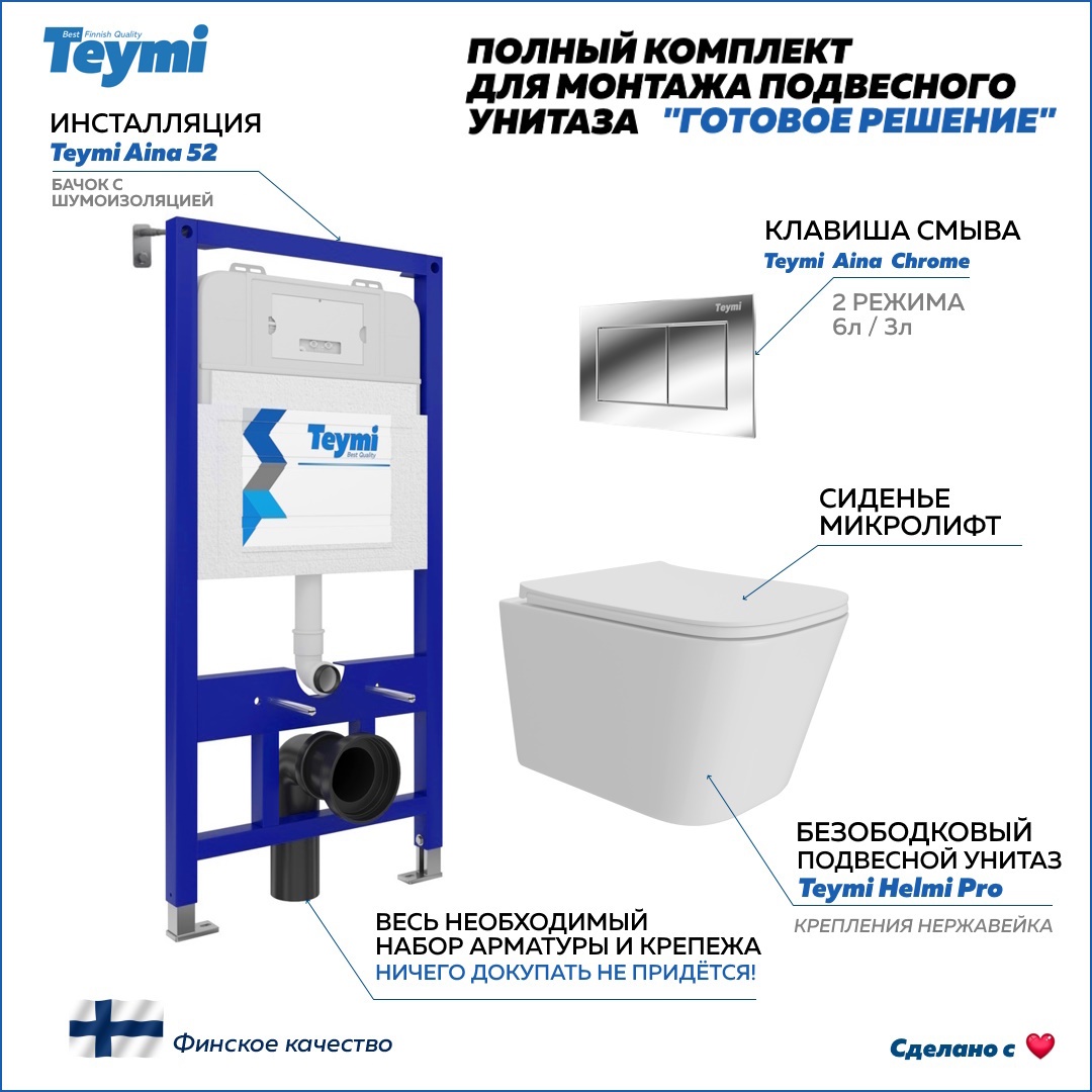 Изображение товара Комплект инсталляции с унитазом Teymi Helmi Pro F15951 для подвесной установки