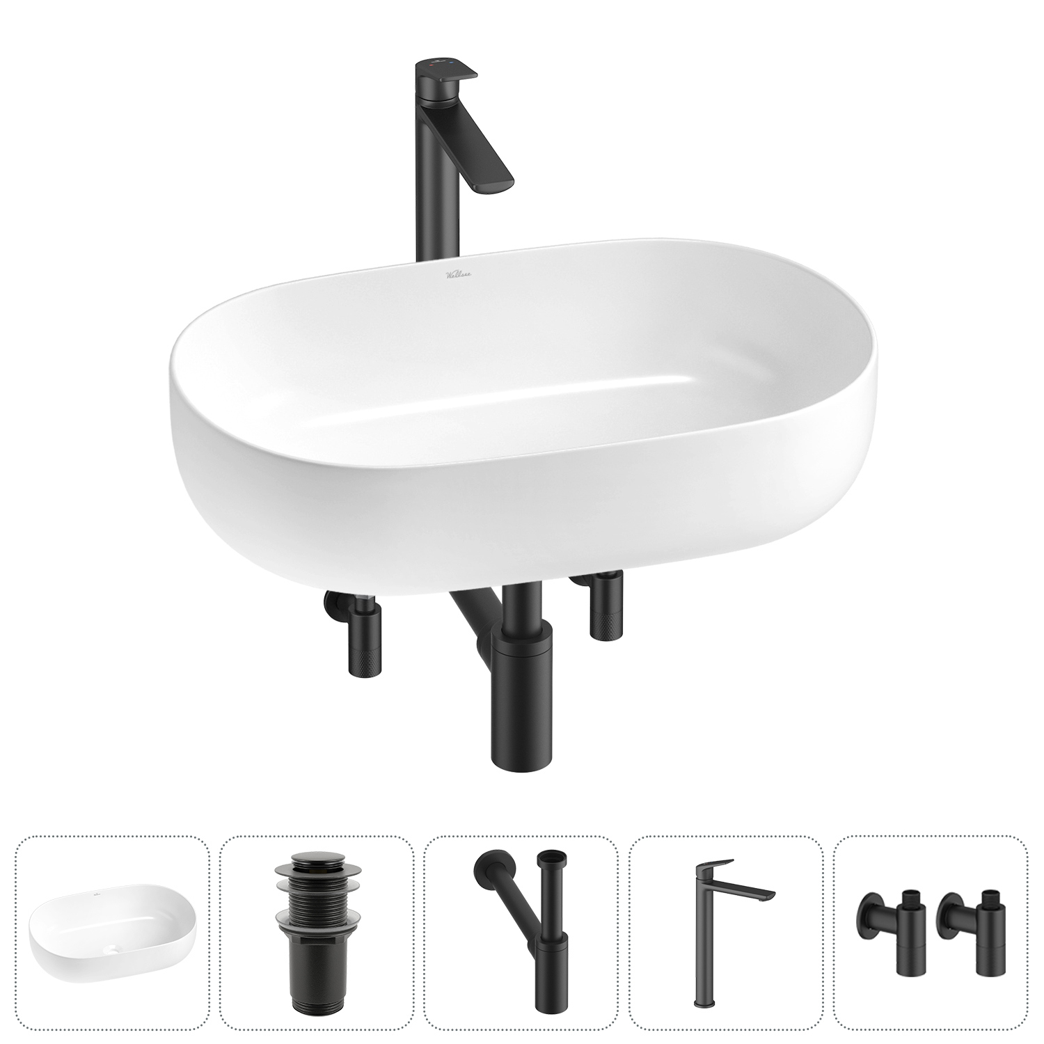 Изображение товара Раковина накладная Wellsee Chic Riviera 48см с донный клапаном сифоном смесителем и вентилем 20214684R