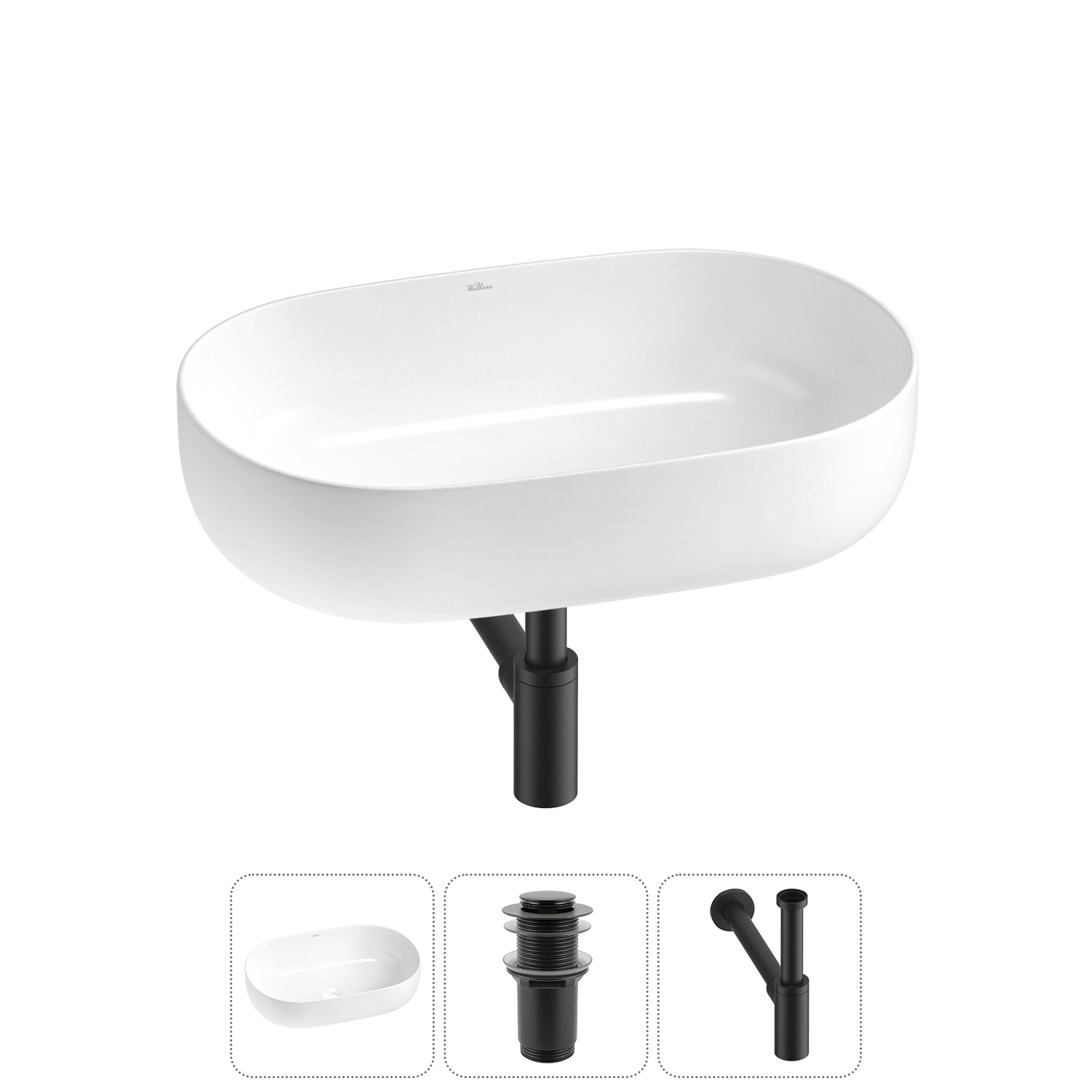 Изображение товара Раковина накладная Wellsee Chic Riviera 60см с донным клапаном и сифоном