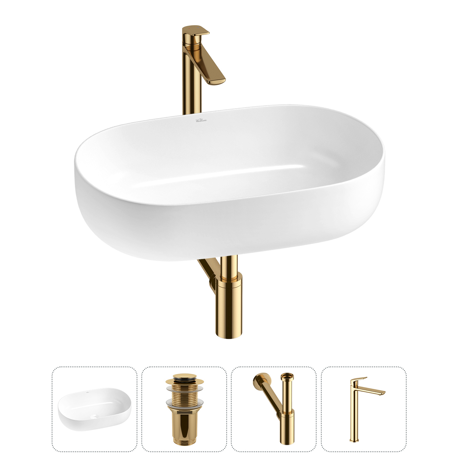 Изображение товара Раковина накладная Wellsee Chic Riviera 60см с донным клапаном сифоном и смесителем