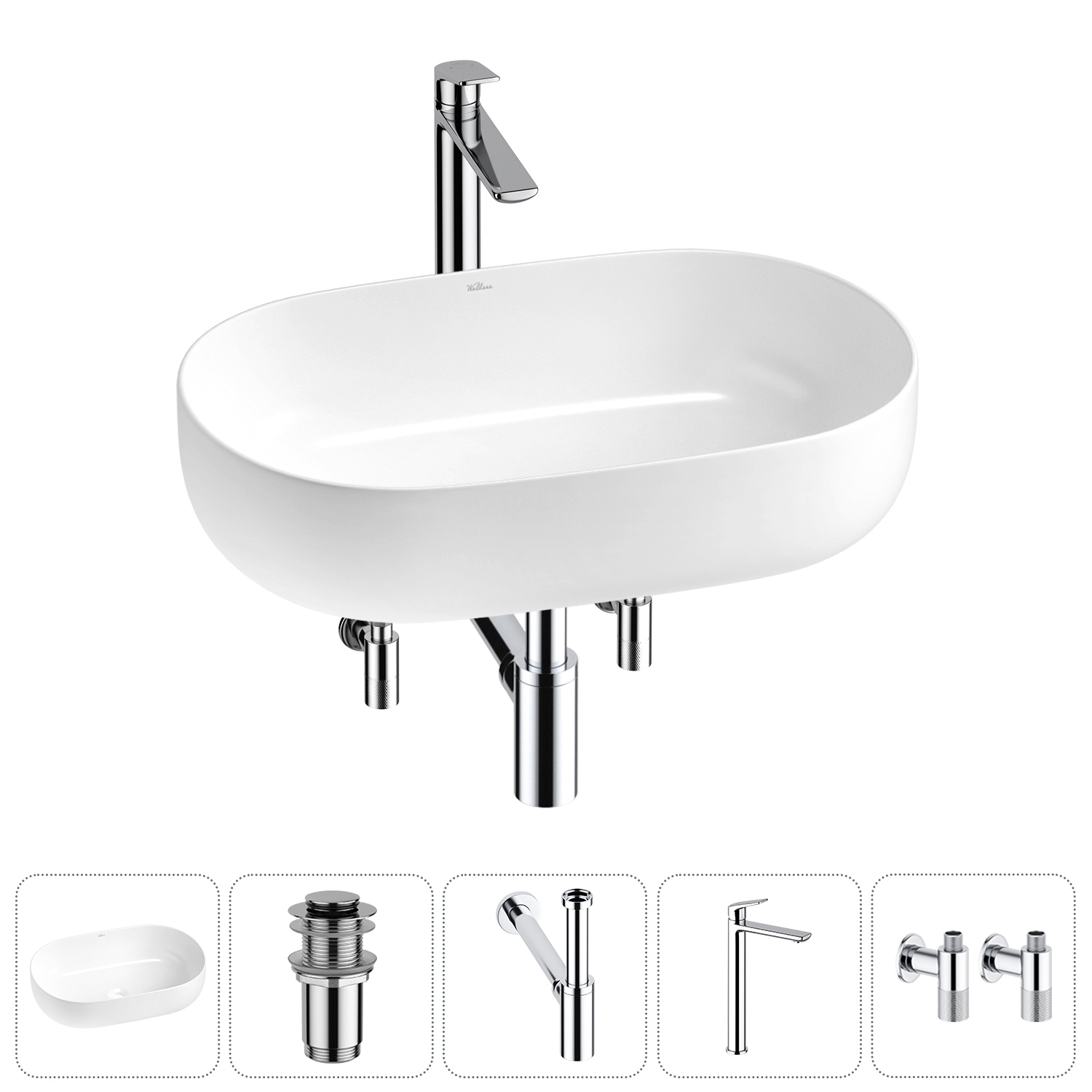 Изображение товара Раковина накладная Wellsee Chic Riviera 60см с донным клапаном и смесителем