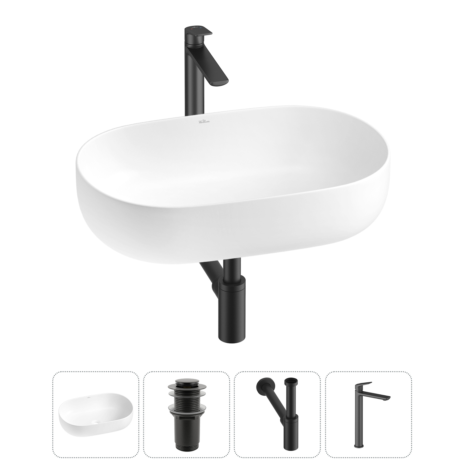 Изображение товара Раковина накладная Wellsee Chic Riviera 48см с донный клапаном сифоном и смесителем 20214712R