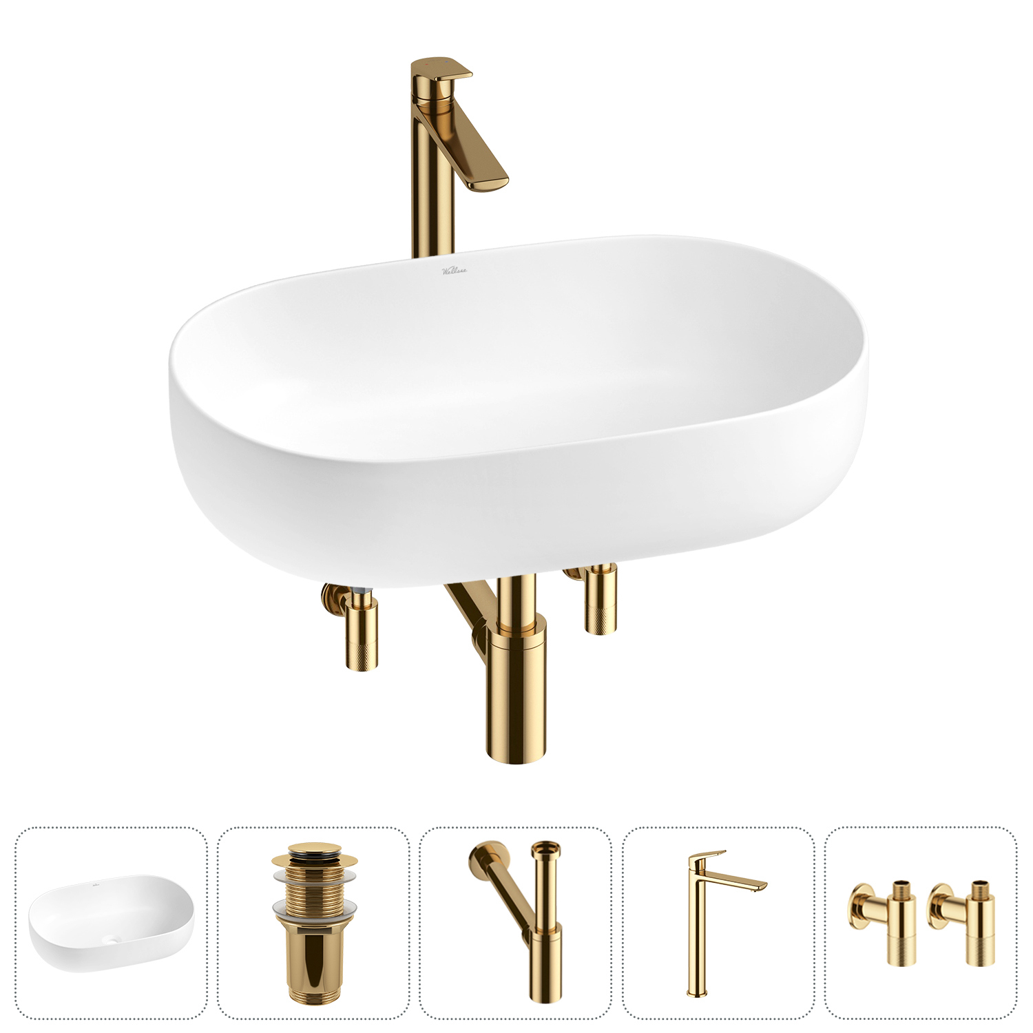 Изображение товара Раковина накладная Wellsee Chic Riviera 48см с донный клапаном сифоном смесителем и вентилем 20214717R