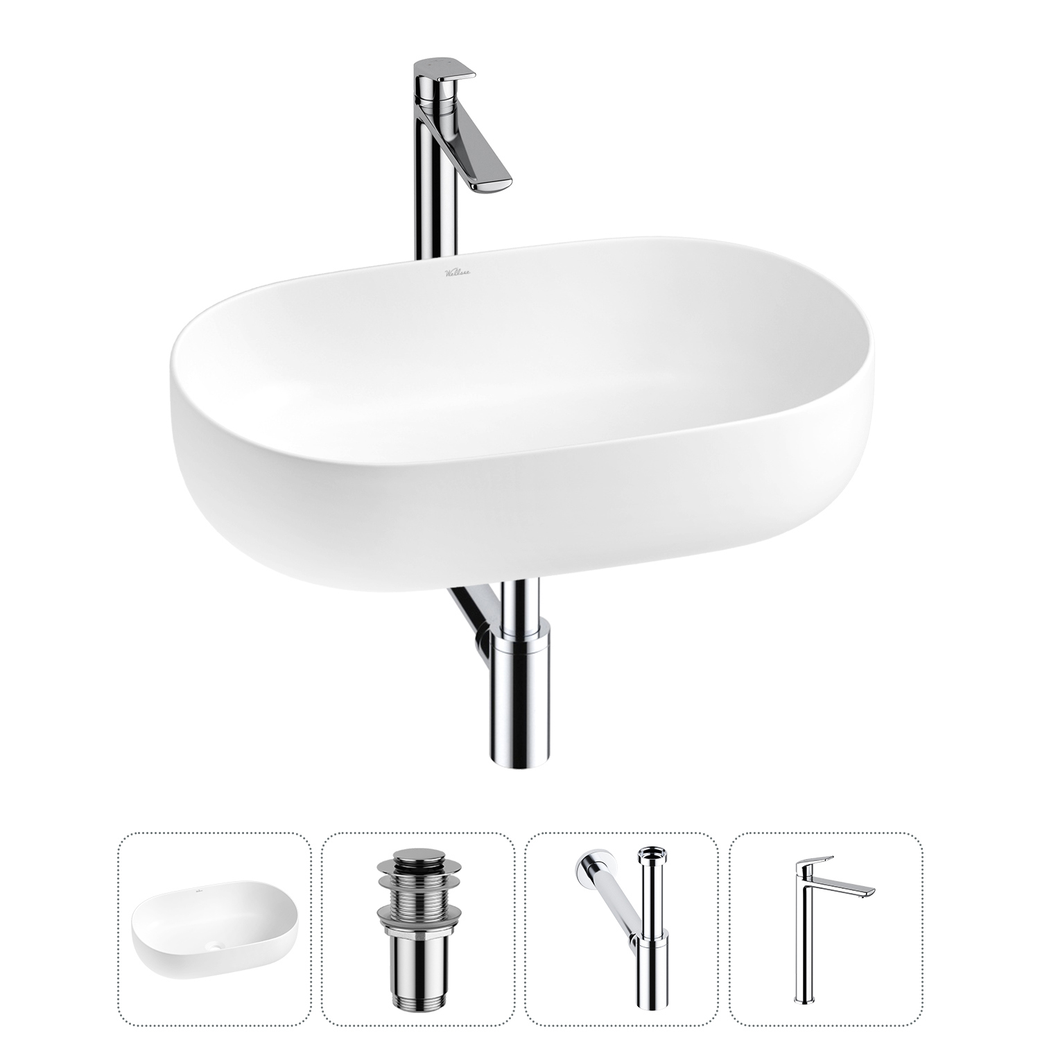 Изображение товара Раковина накладная Wellsee Chic Riviera 60см с донный клапаном сифоном и смесителем 20214727R
