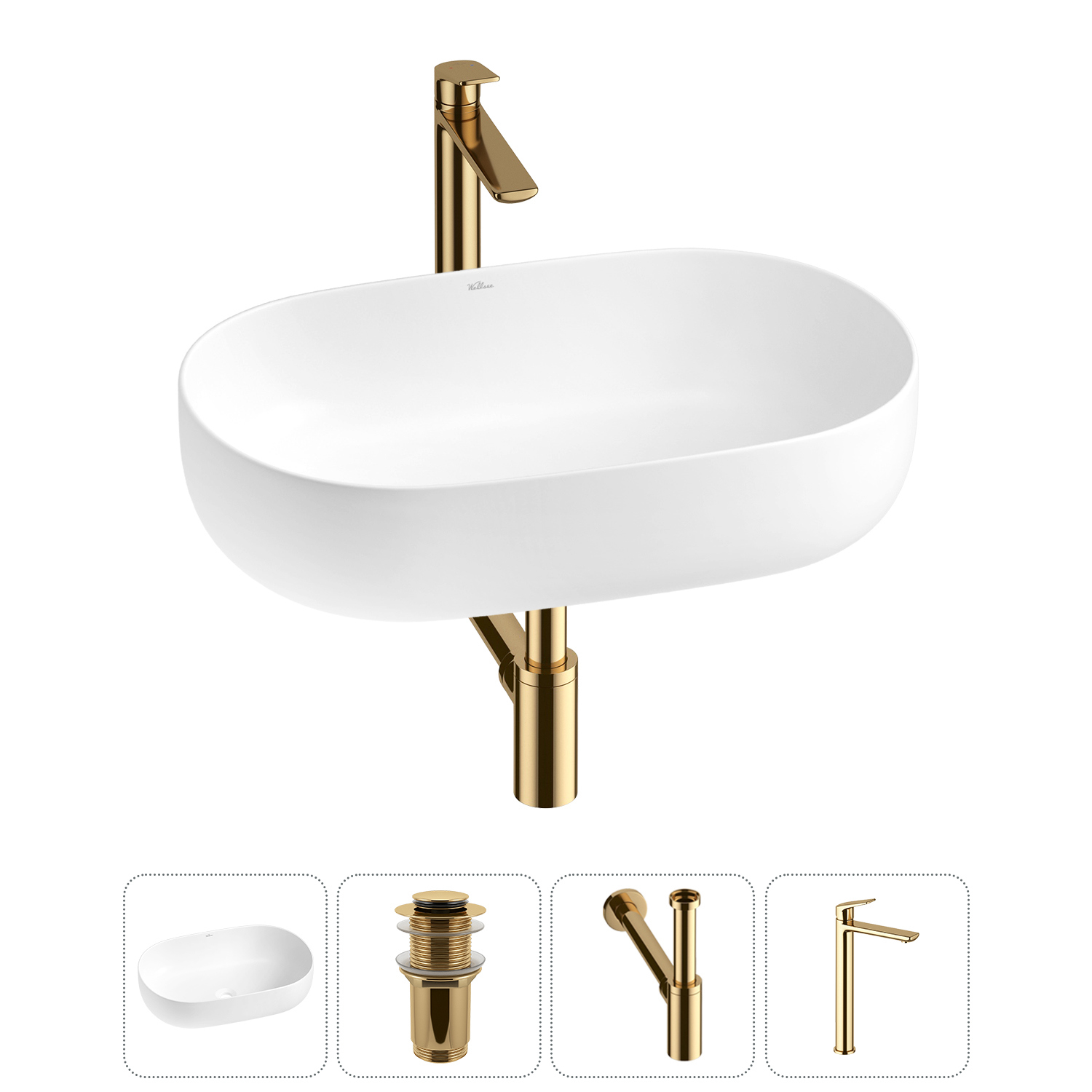 Изображение товара Раковина накладная Wellsee Chic Riviera 60см с донным клапаном сифон и смесителем