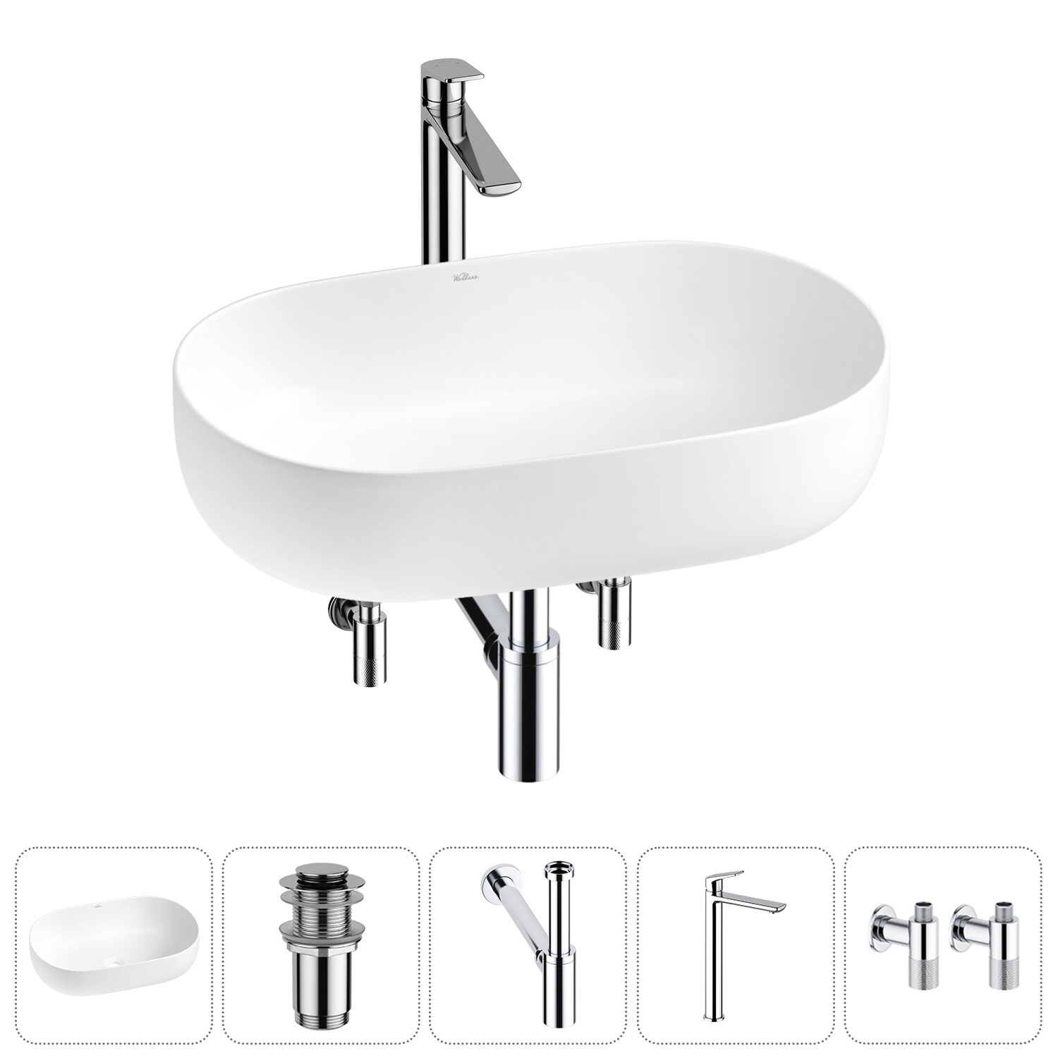 Изображение товара Раковина накладная Wellsee Chic Riviera 60 см с донным клапаном и сифоном