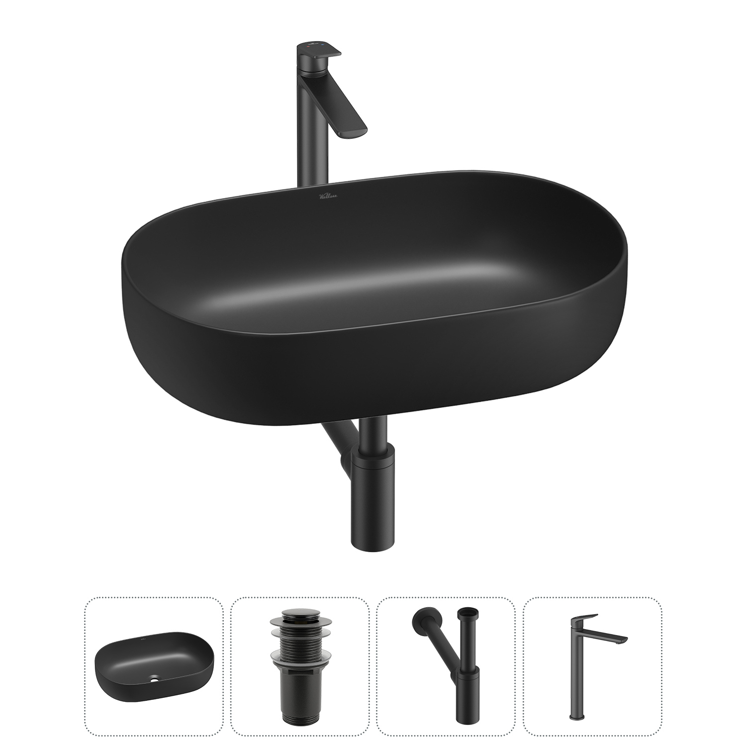 Изображение товара Раковина накладная Wellsee Chic Riviera 48см с донным клапаном сифоном и смесителем