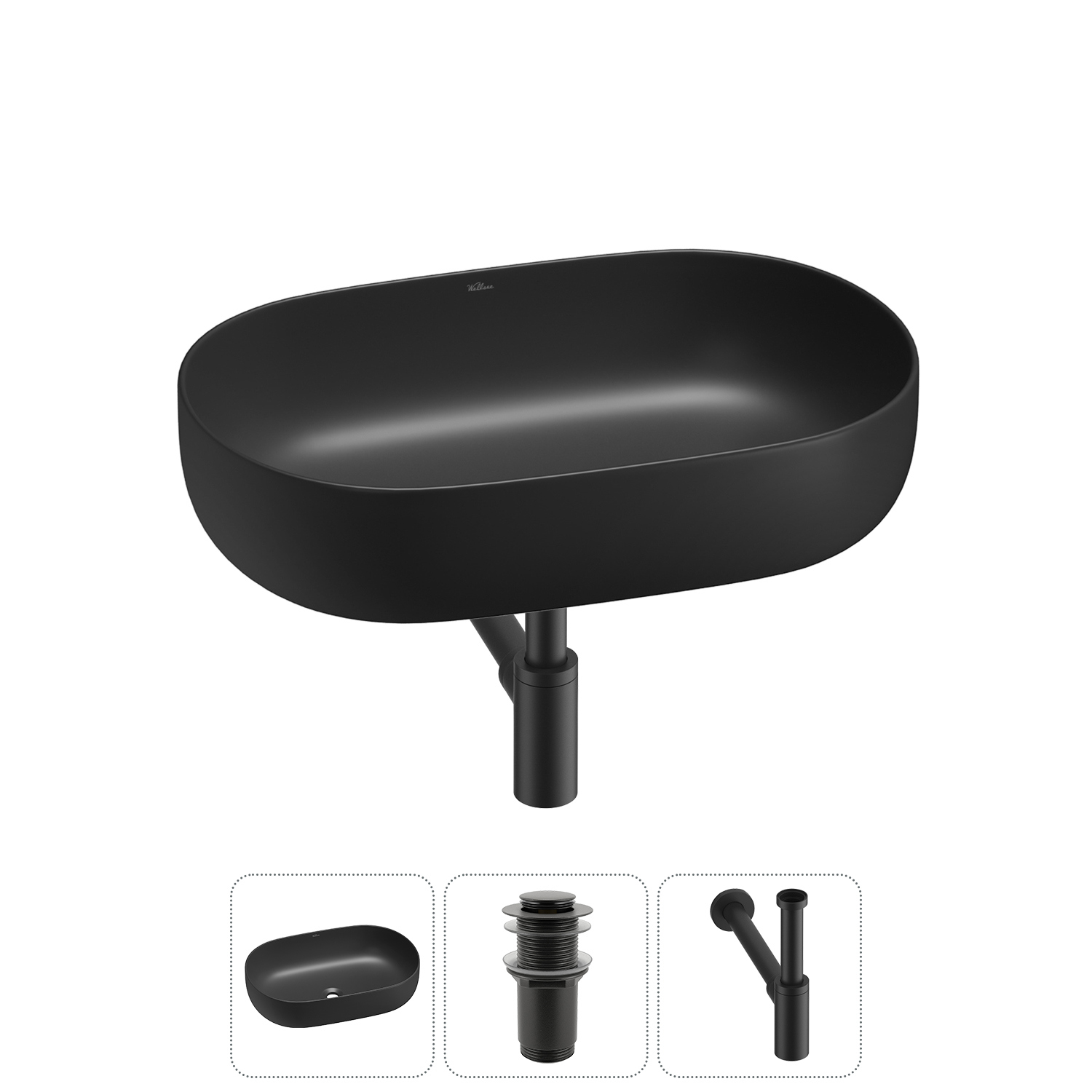 Изображение товара Раковина накладная Wellsee Chic Riviera 60см черная матовая с донным клапаном и сифоном