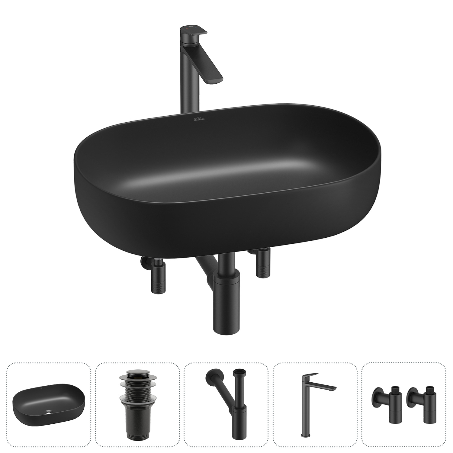 Изображение товара Накладная раковина Wellsee Chic Riviera 60см с донным клапаном сифоном и вентилями