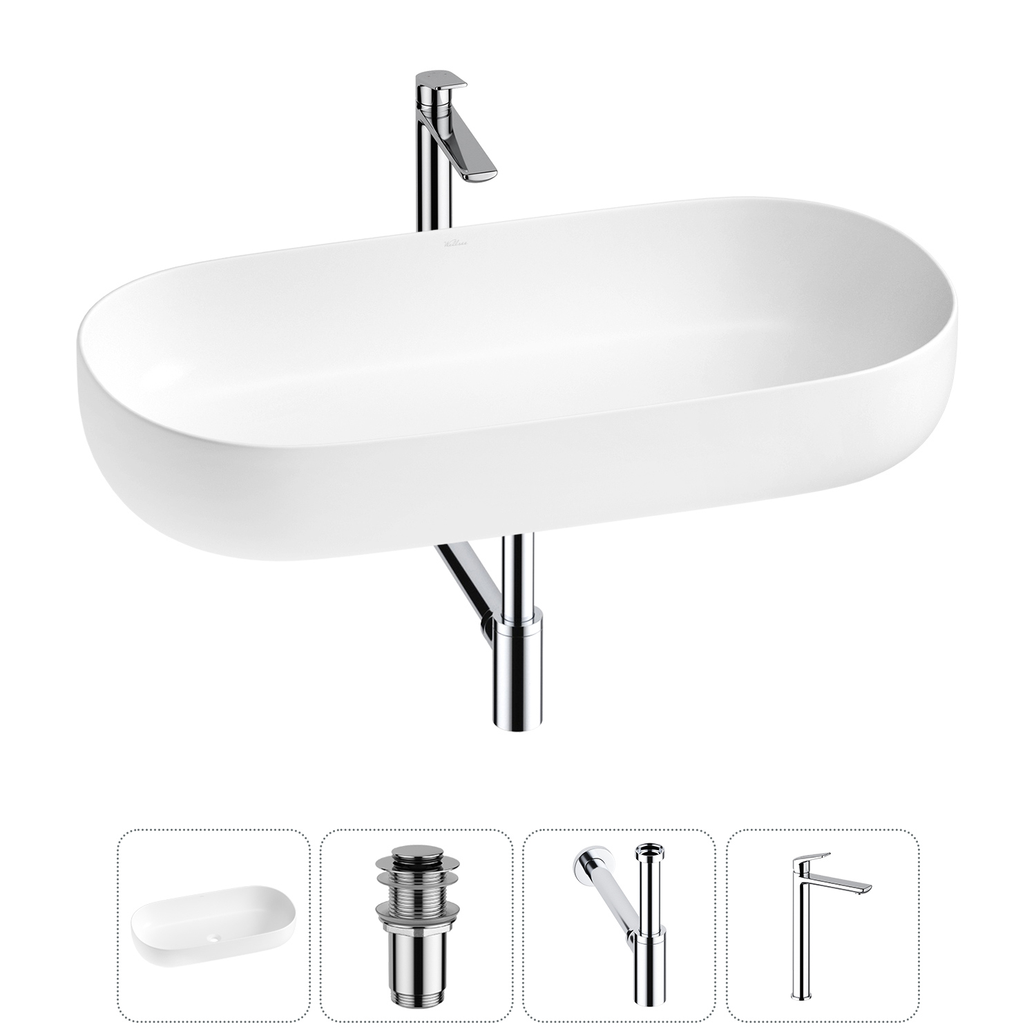 Изображение товара Раковина накладная Wellsee Chic Riviera 80 см с донным клапаном сифоном и смесителем