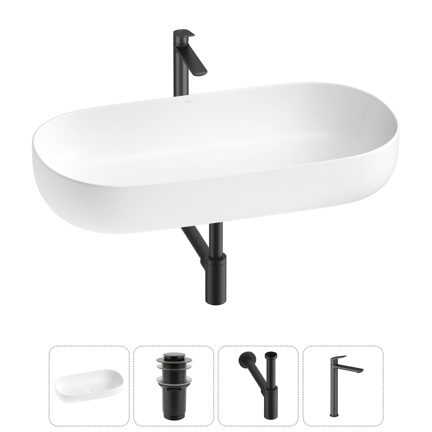 Изображение товара Раковина накладная Wellsee Chic Riviera 80см с донным клапаном сифоном и смесителем