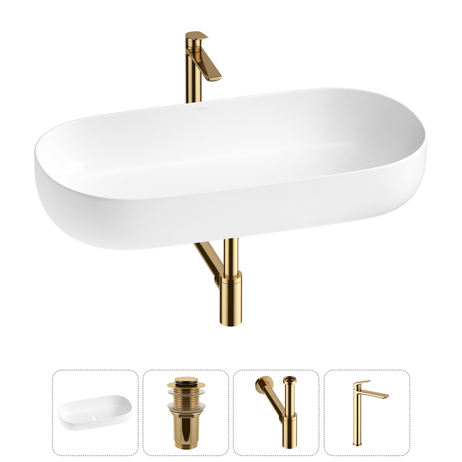 Изображение товара Раковина накладная Wellsee Chic Riviera 80 см с донным клапаном сифоном и смесителем