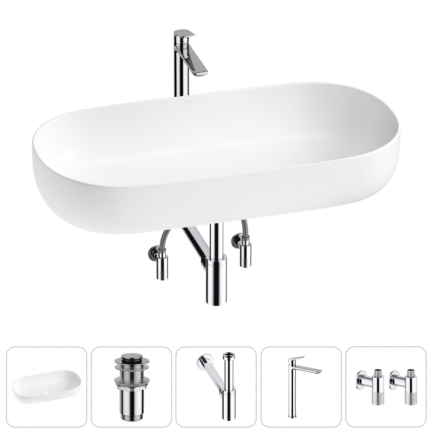 Изображение товара Раковина накладная Wellsee Chic Riviera 80 см с донным клапаном сифоном и смесителем