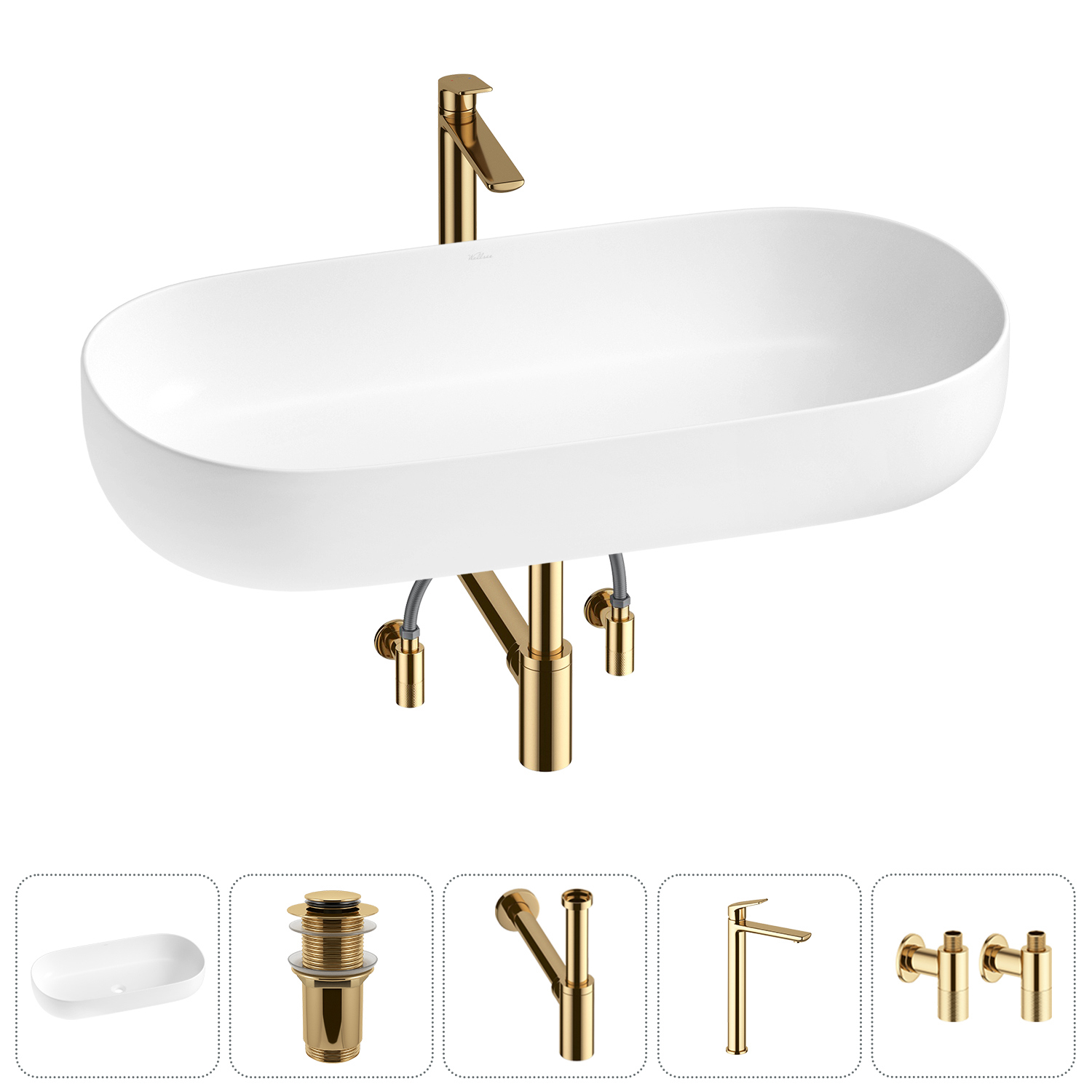 Изображение товара Раковина накладная Wellsee Chic Riviera 80см с донным клапаном сифоном и смесителем золото