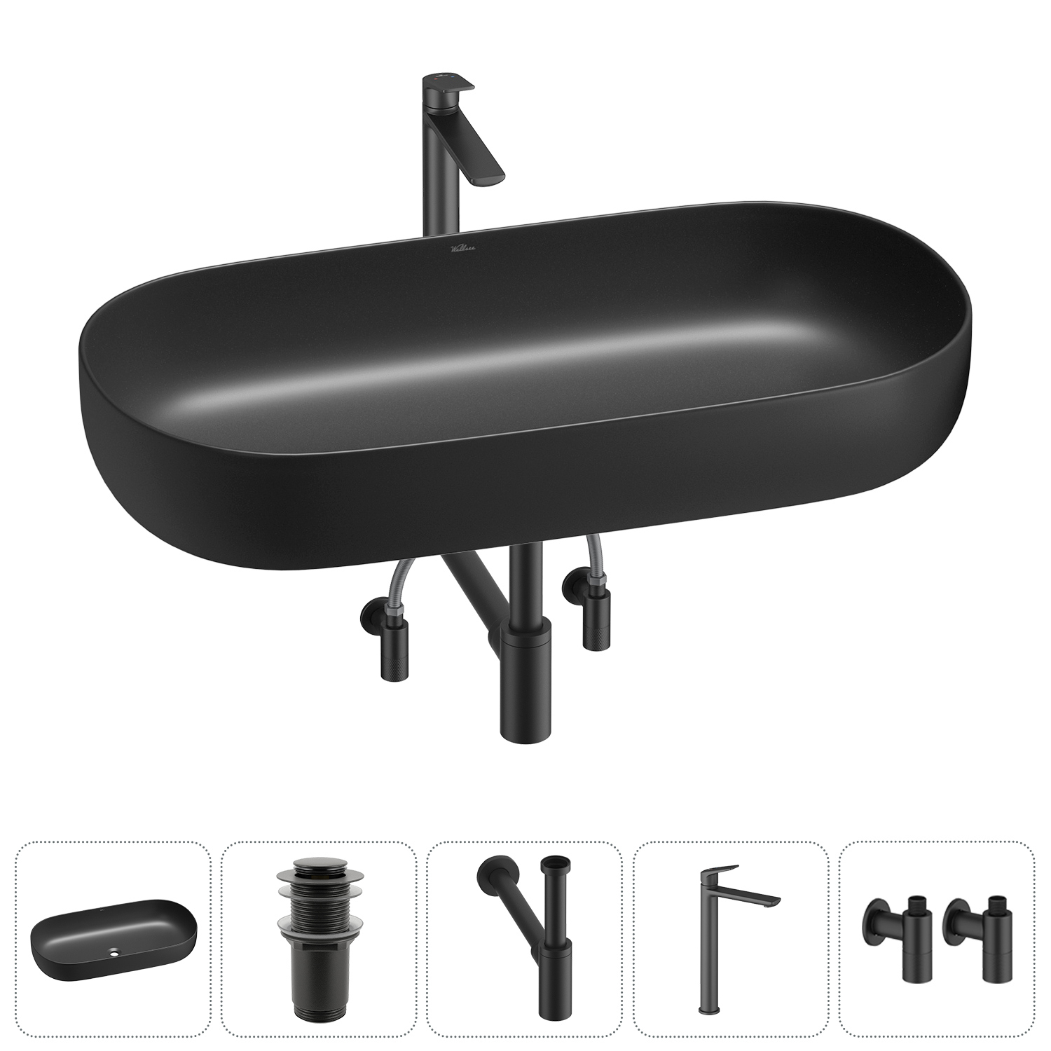 Изображение товара Раковина накладная Wellsee Chic Riviera 80cm матовая черная с донным клапаном и сифоном