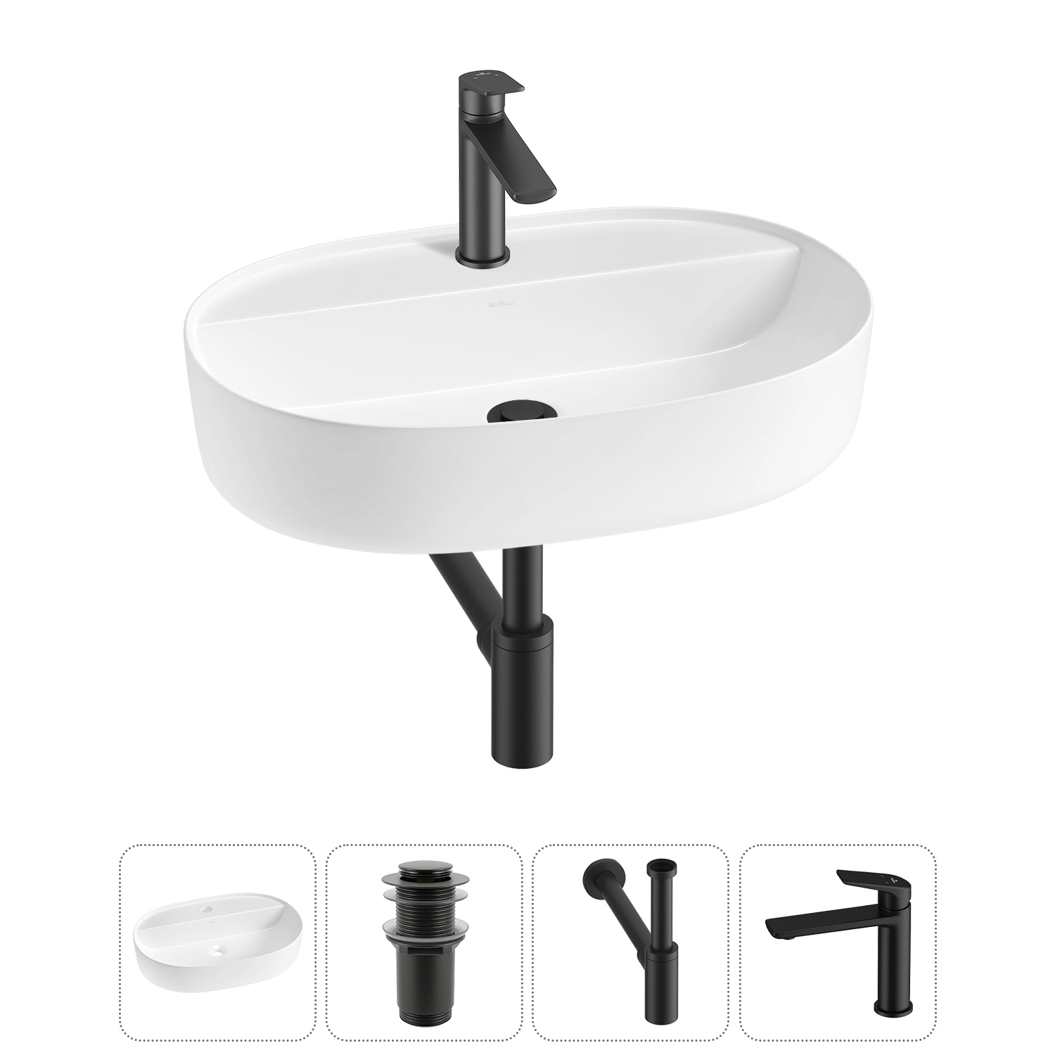 Изображение товара Раковина накладная Wellsee Chic Riviera 50см с донным клапаном сифоном и смесителем