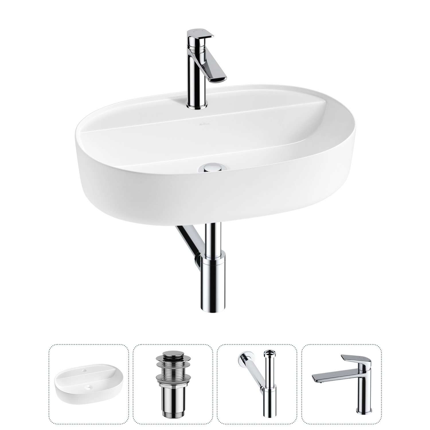 Изображение товара Накладная раковина Wellsee Chic Riviera 60 см с донным клапаном сифоном и смесителем