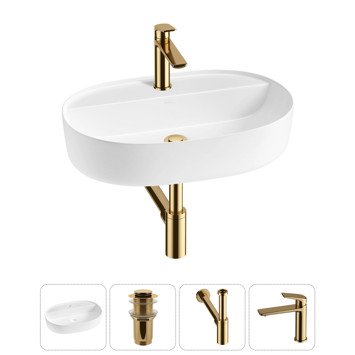 Изображение товара Раковина накладная Wellsee Chic Riviera 60см с донный клапаном сифоном и смесителем 20214841R