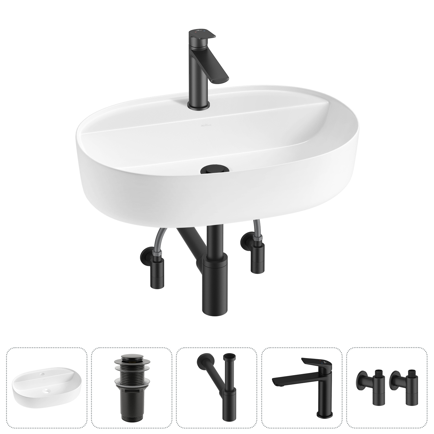 Изображение товара Раковина накладная Wellsee Chic Riviera 60см с донным клапаном сифоном и смесителем