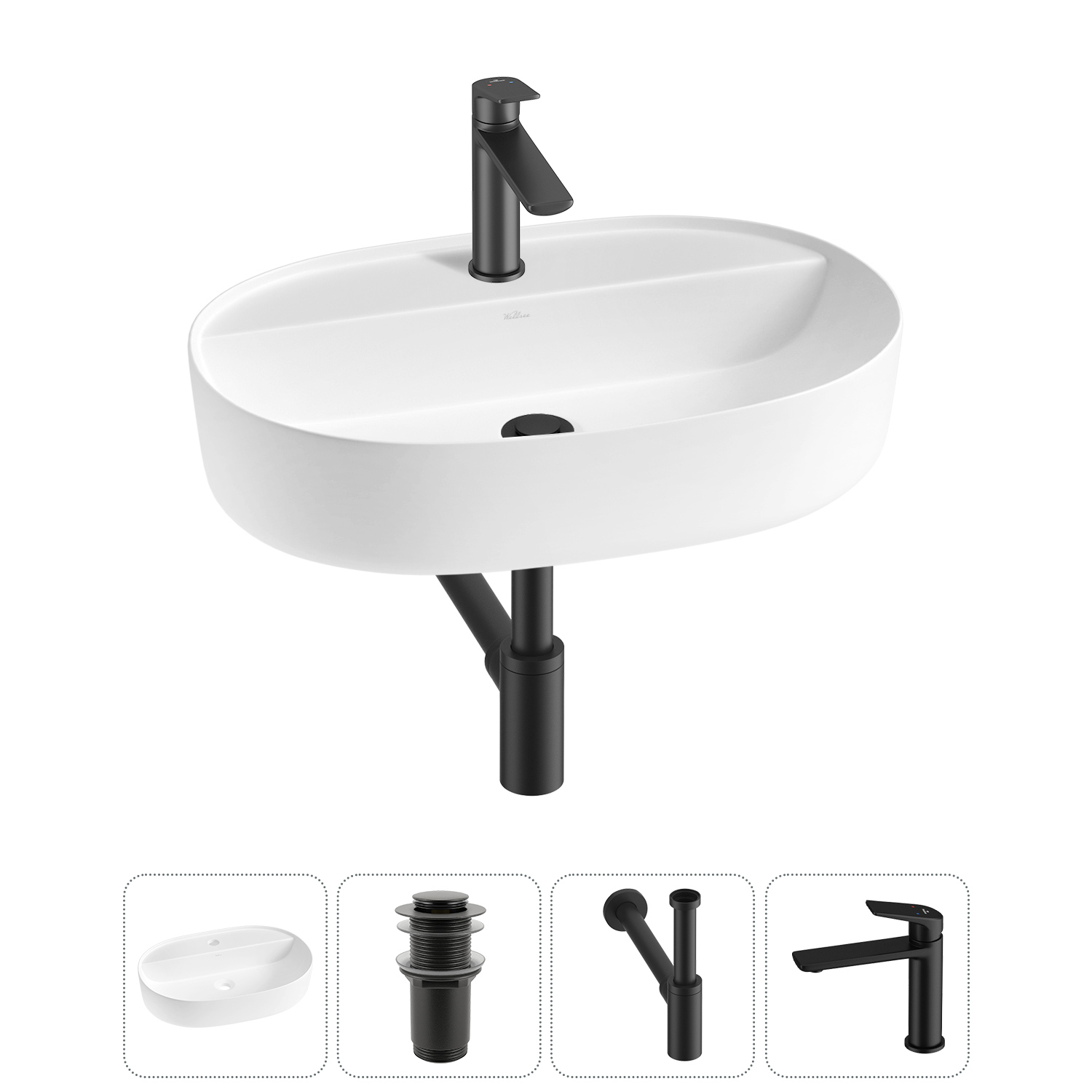 Изображение товара Раковина накладная Wellsee Chic Riviera 50см с донным клапаном сифоном и смесителем