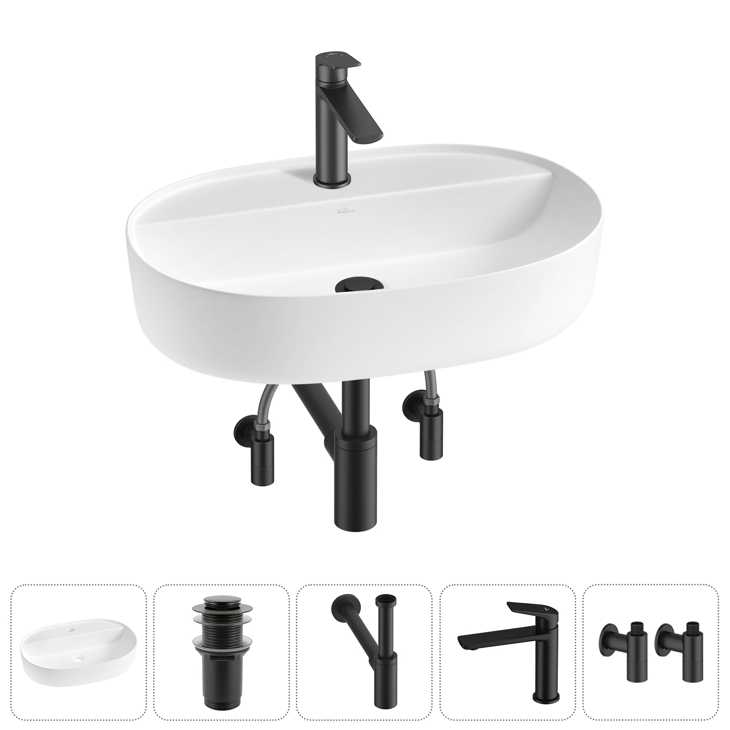 Изображение товара Раковина накладная Wellsee Chic Riviera 50см с донный клапаном сифоном смесителем и вентилем 20214860R