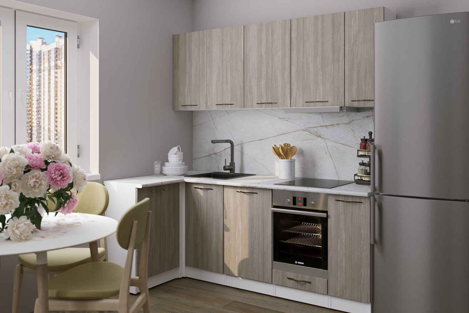 Изображение товара Кухонный гарнитур Gerda Прайм/фьюджи Фьюджи прайм 200x217x60 см ЛДСП цвет декор из дуба