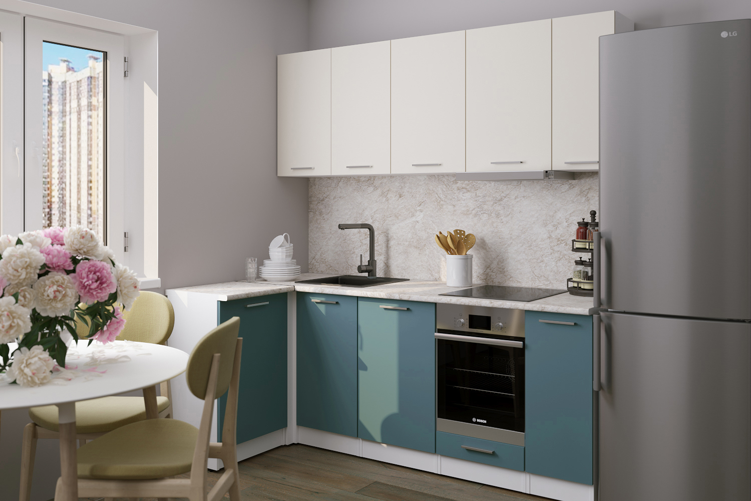 Изображение товара Кухонный гарнитур Глория прайм 400 из ЛДСП синий и бежевый, Россия