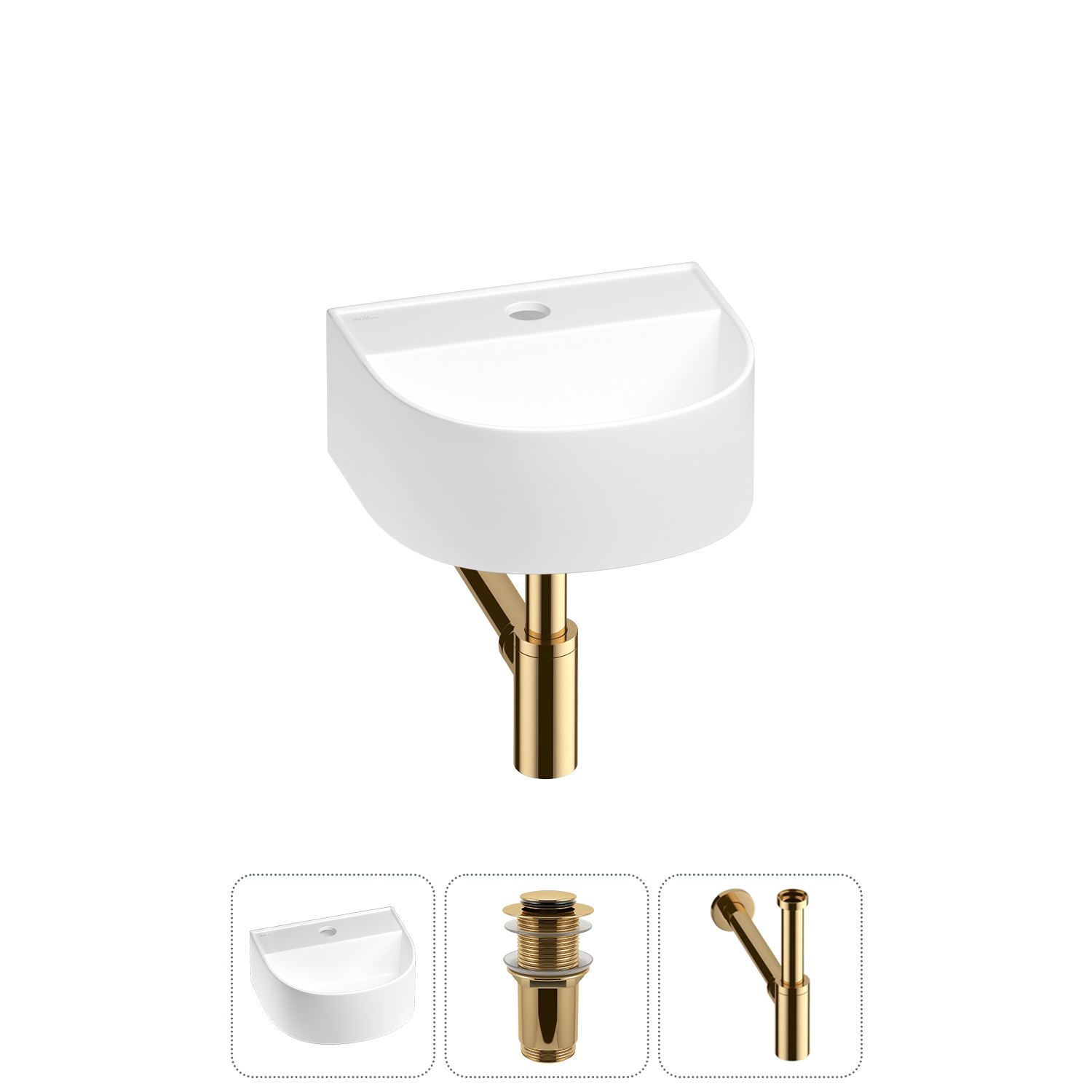Изображение товара Раковина мини Wellsee WC Area 32см с донным клапаном и сифоном золото